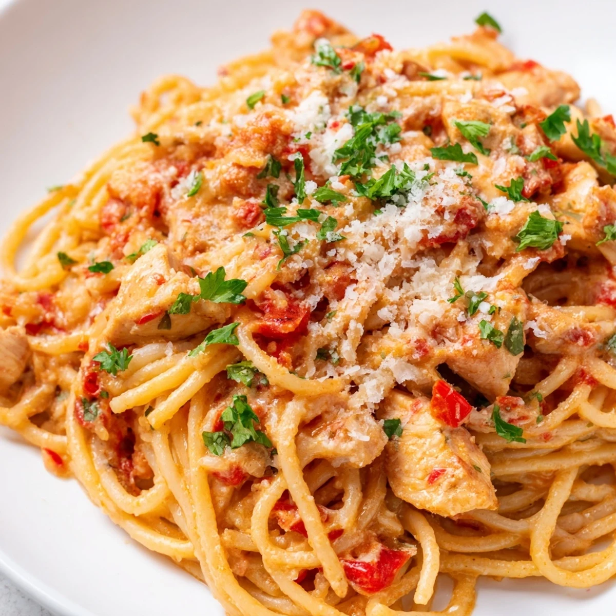 Comforting Savory Instant Pot Chicken Spaghetti served in a bowl with fresh parsley garnish and golden cheese