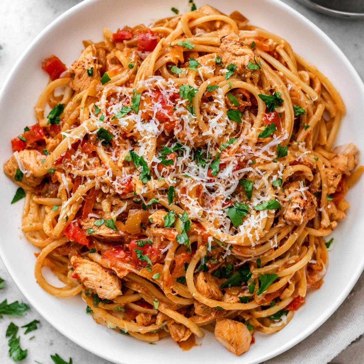 Plate of Savory Instant Pot Chicken Spaghetti featuring al dente pasta in a flavorful red sauce with diced chicken