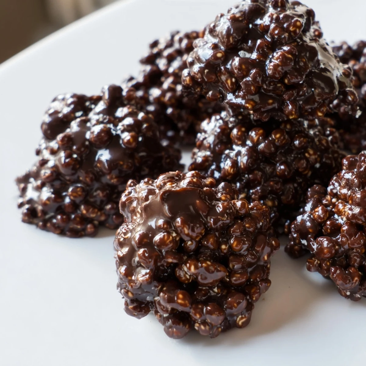Dark chocolate quinoa crisps arranged on a white plate with glossy melted chocolate coating