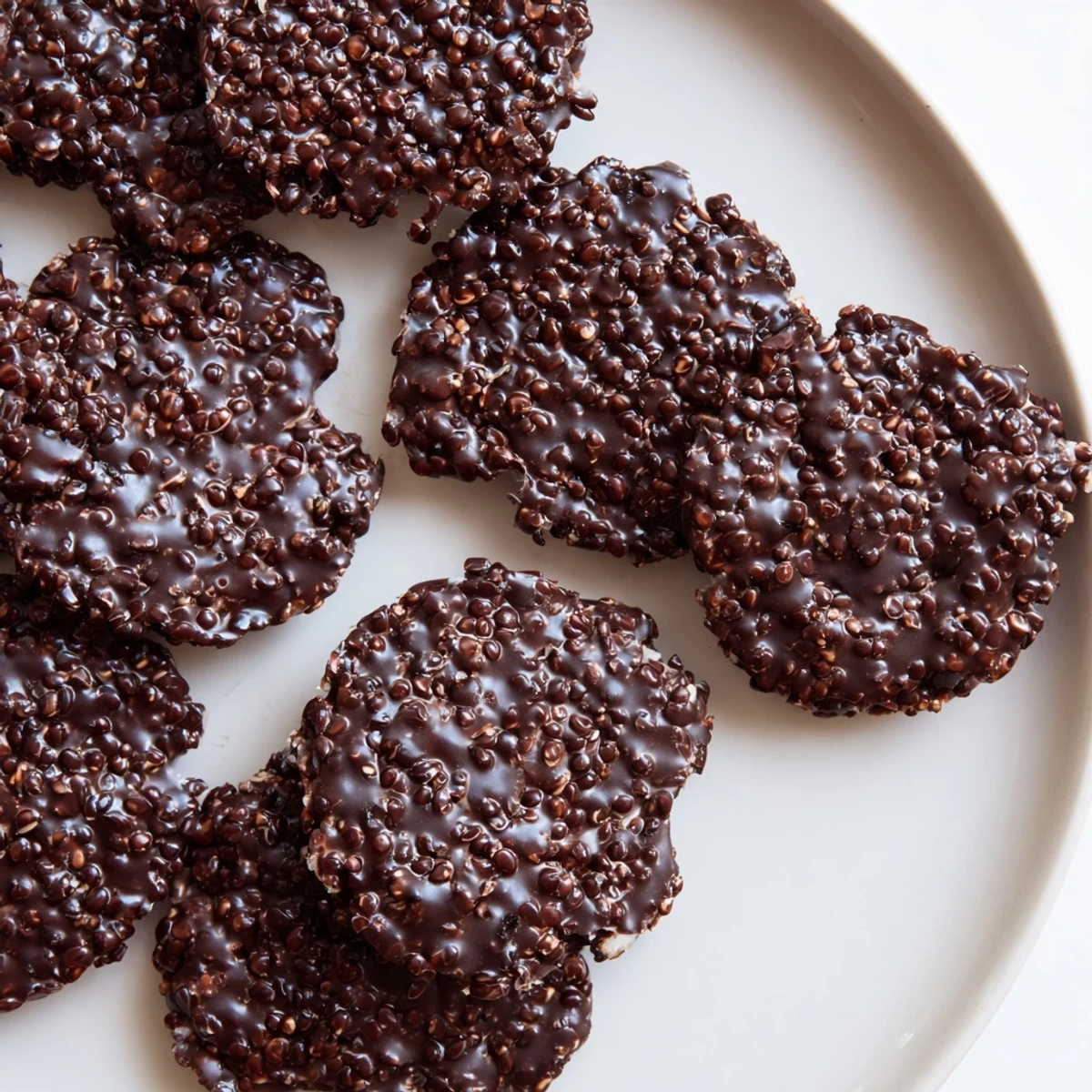 Bite-sized dark chocolate quinoa crisps sprinkled with sea salt on parchment paper