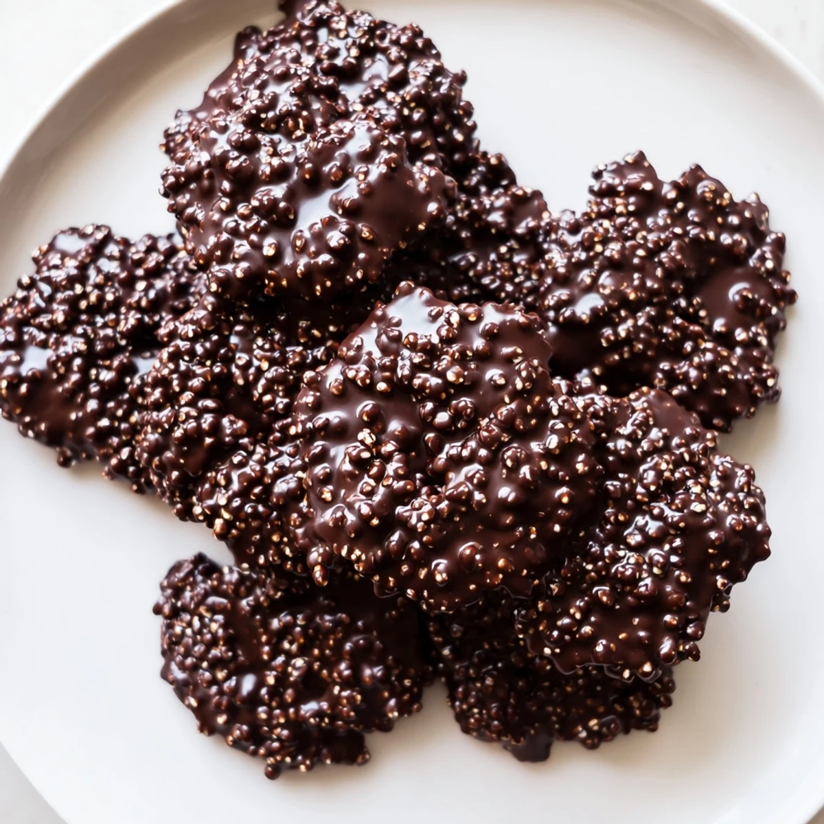 Homemade dark chocolate quinoa crisps stacked in a casual pile showing toasted quinoa texture