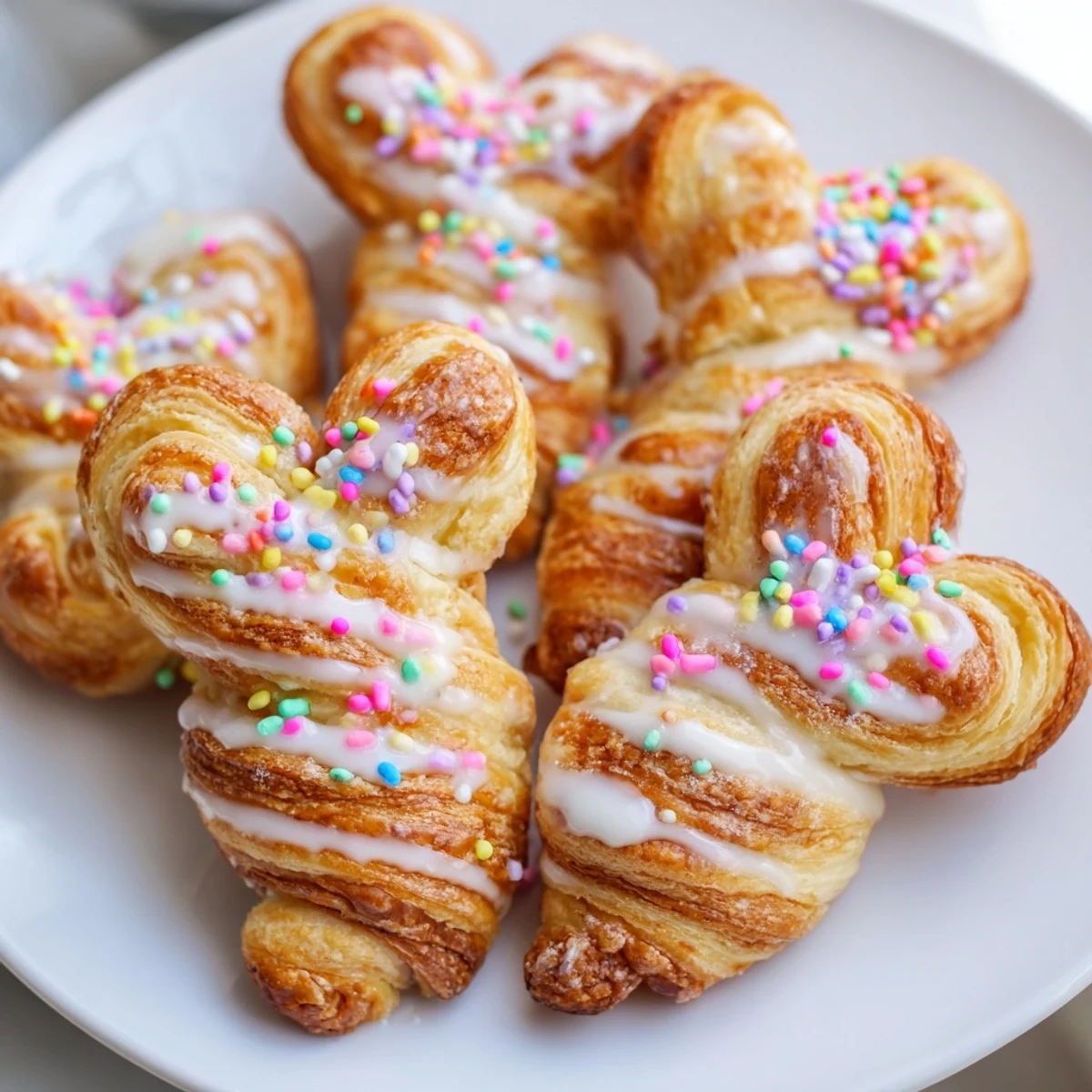Golden Easter Bunny Twists pastry drizzled with white icing and colorful sprinkles on a white plate