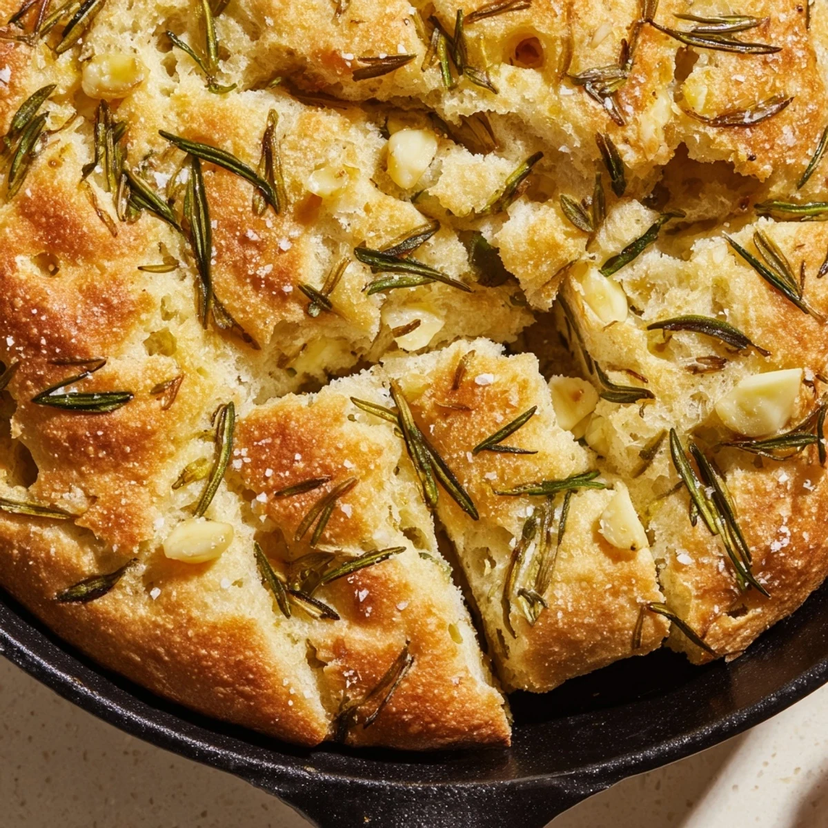 Golden rustic garlic rosemary skillet bread with flaky sea salt topping