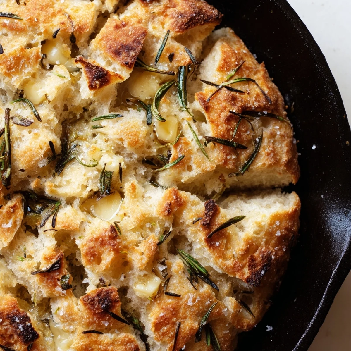Warm cast iron skillet bread featuring roasted garlic and fresh rosemary
