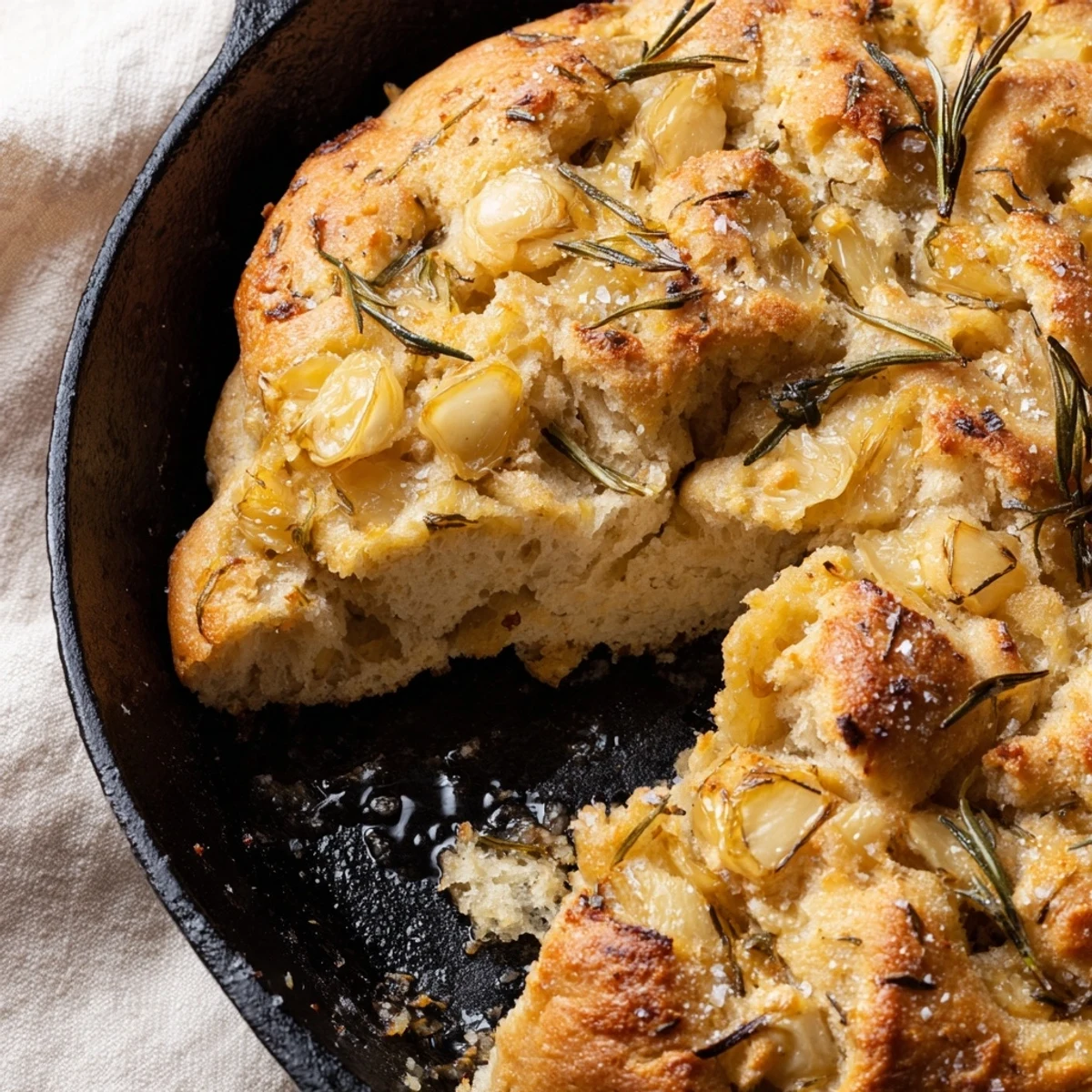 Crispy edged garlic rosemary skillet bread ready for slicing and sharing