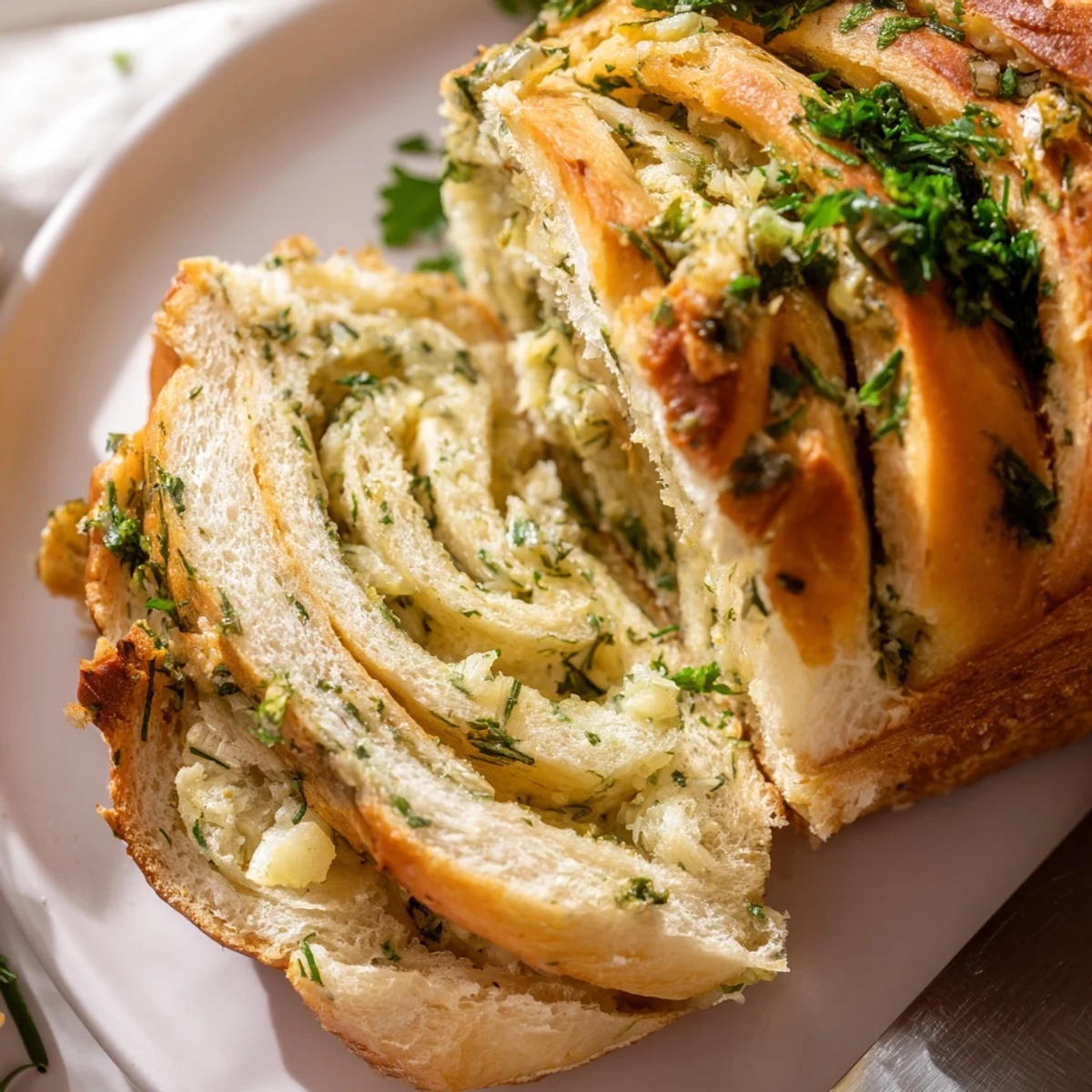 Golden garlic and herb bread loaf freshly baked with a crispy golden crust and soft aromatic interior