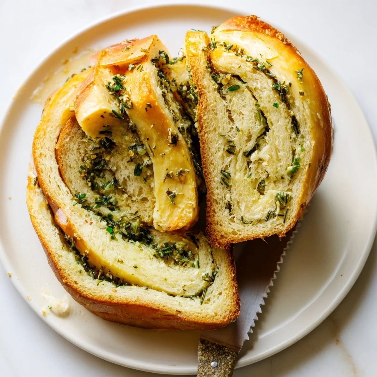 Sliced warm garlic and herb bread showing flecks of fresh parsley and rosemary throughout the fluffy dough