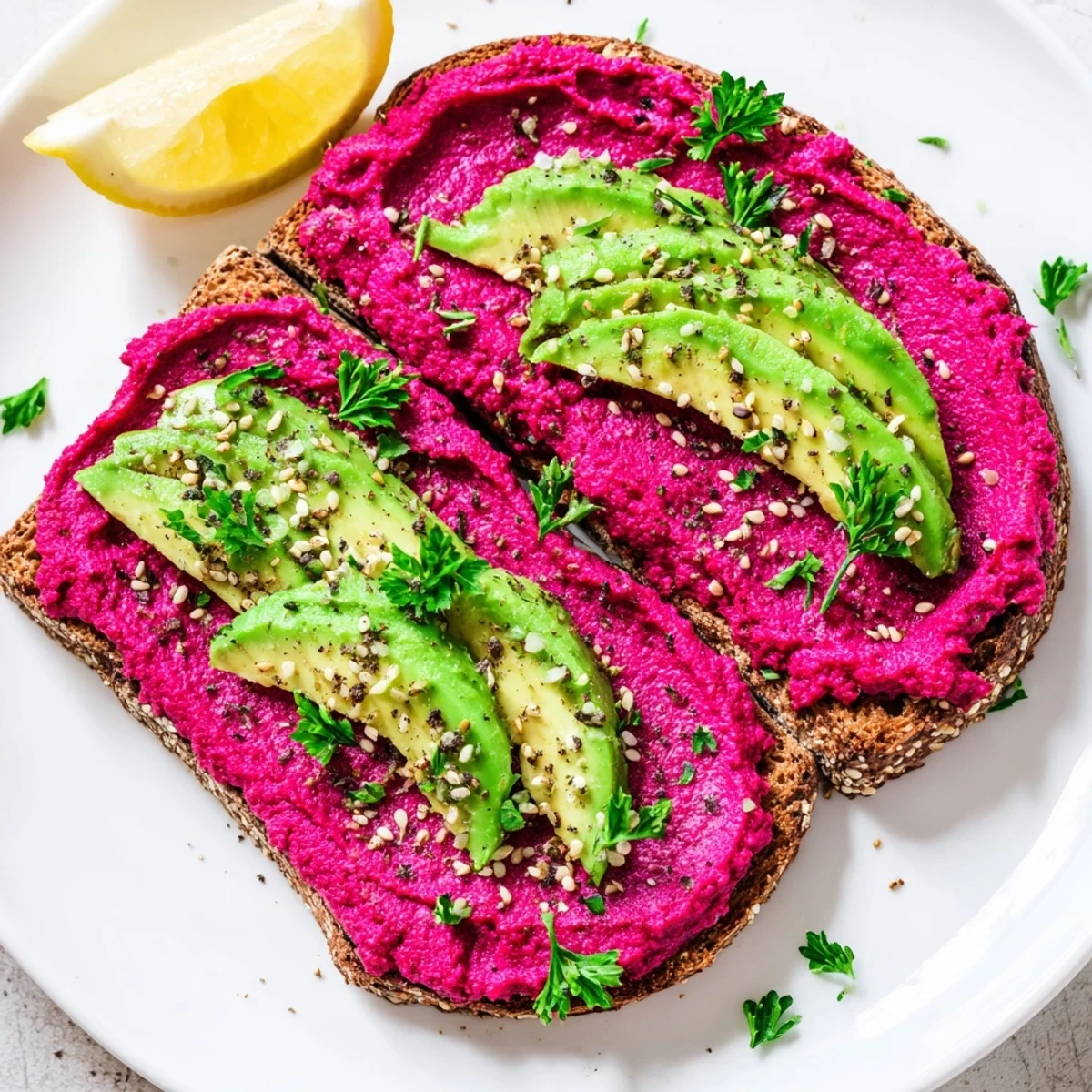 Golden brown avocado beet hummus toast layered with creamy pink spread and green avocado slices