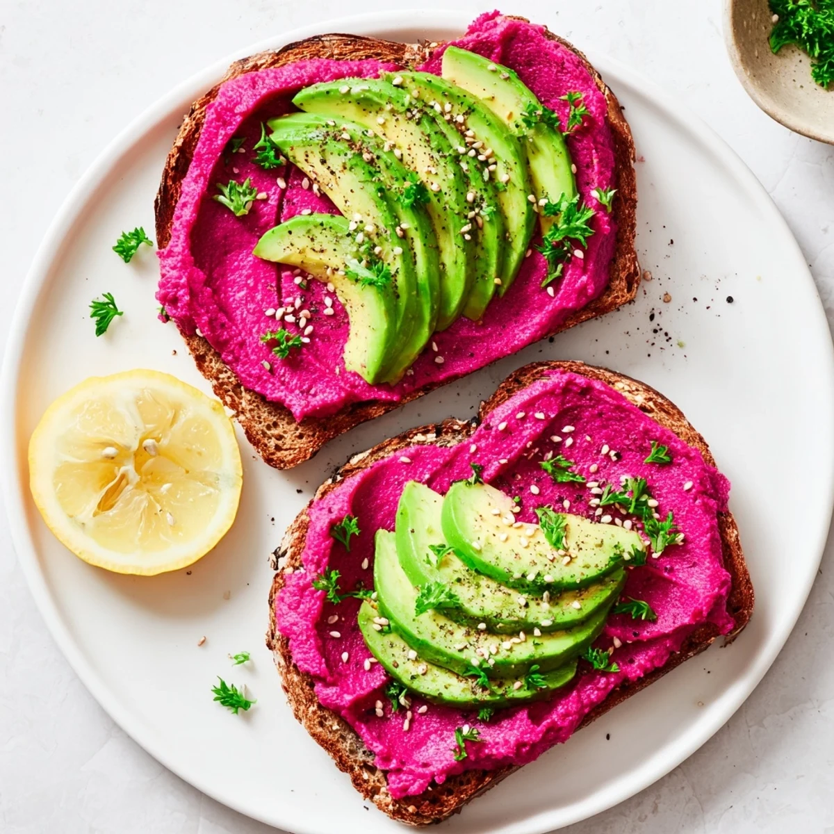 Open-faced avocado beet hummus toast featuring smooth beet chickpea spread on crisp whole grain bread