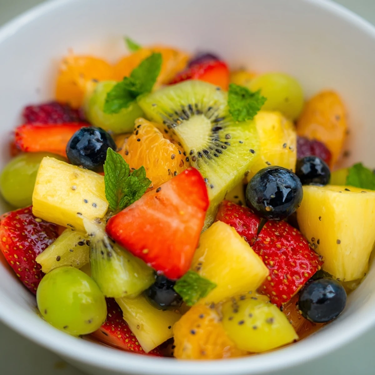 Colorful Easter fruit salad bowl overflowing with fresh strawberries, kiwi, blueberries, and mint garnish