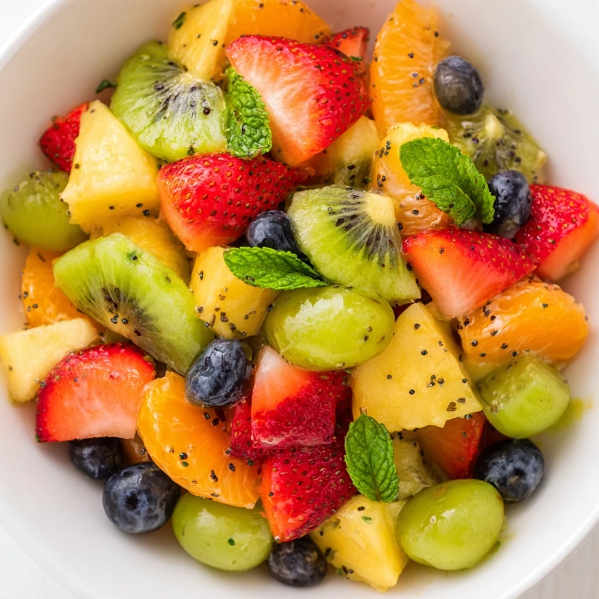 Refreshingspring fruit salad with honey lime dressing drizzled over pineapple, grapes, and mandarin oranges