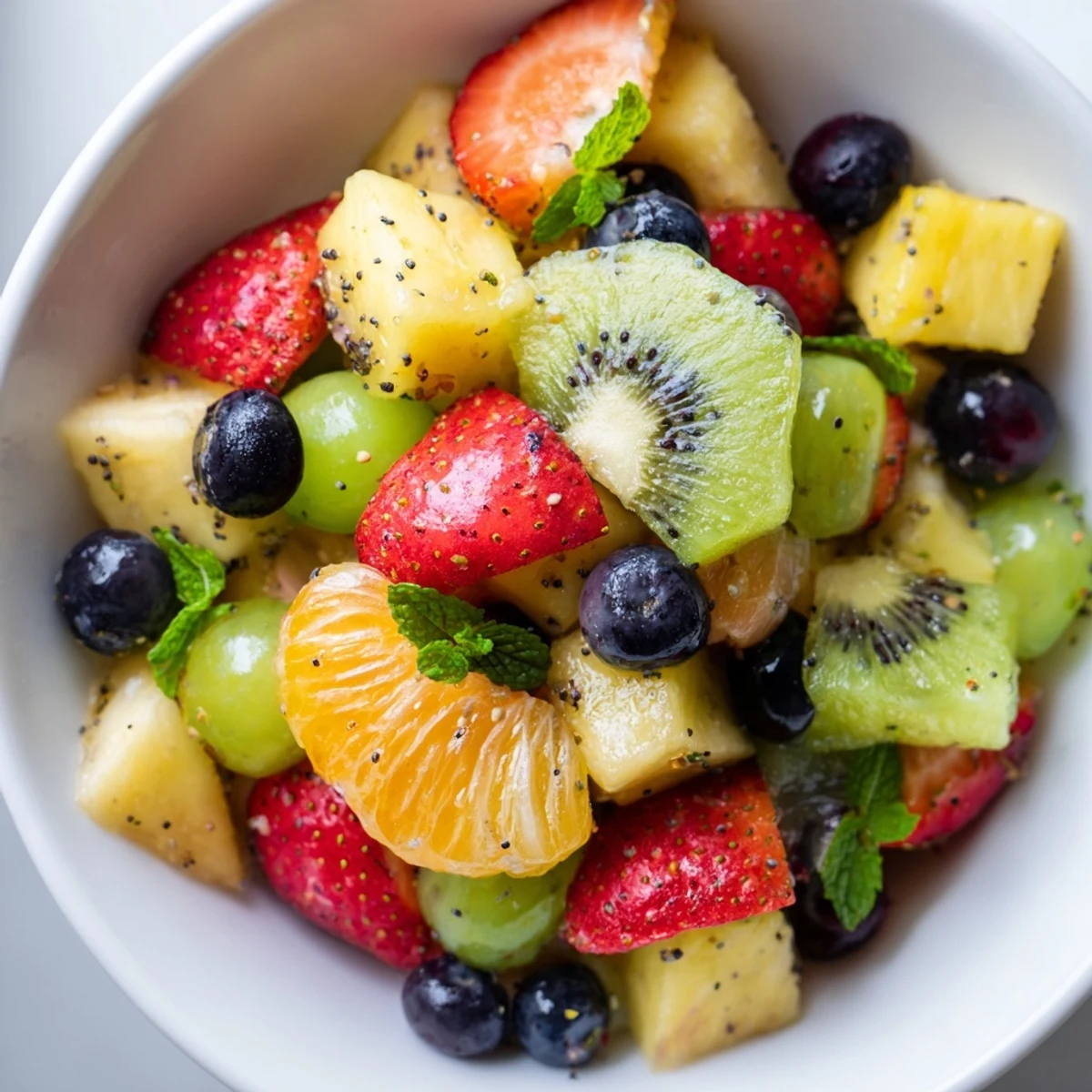 Festive Easter fruit salad displaying vibrant medley of seasonal fruits in a glass serving bowl