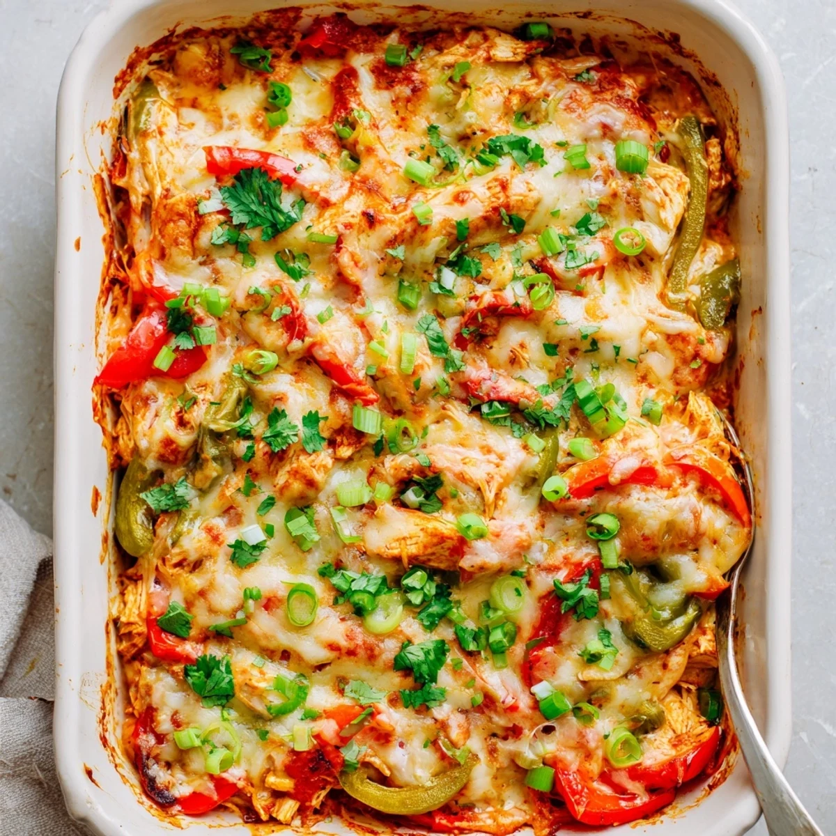 Comforting Tex-Mex chicken fajita casserole with tender chicken peppers and gooey cheese layer