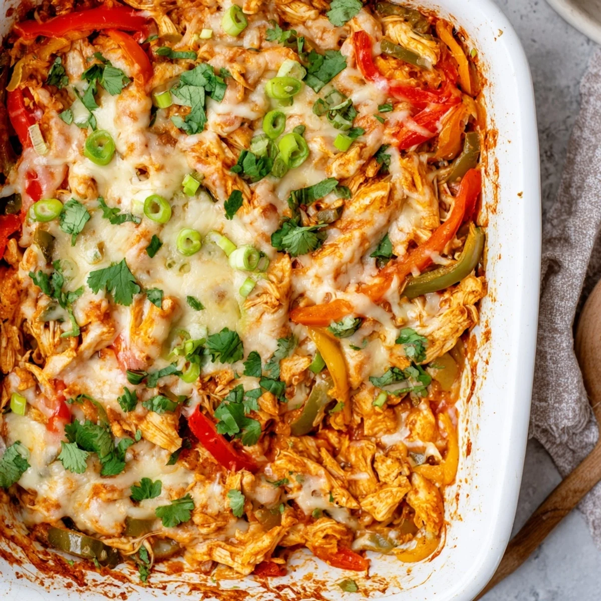 Baked chicken fajita casserole topped with melted cheese and fresh cilantro garnish
