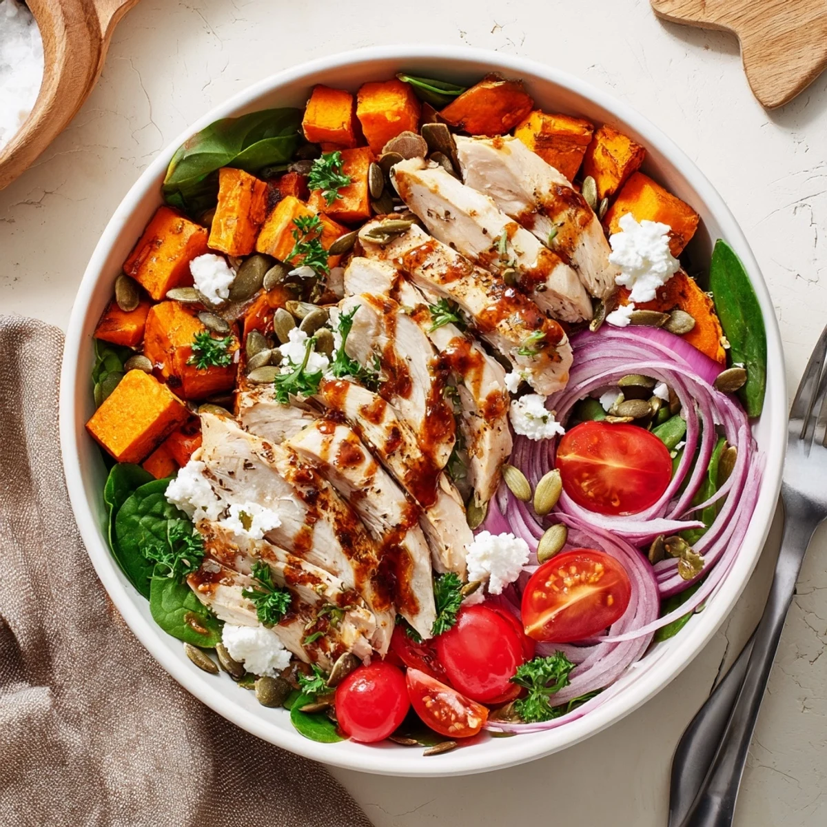 Golden glazed maple Dijon chicken breast slices atop roasted sweet potato cubes in a wholesome grain bowl.