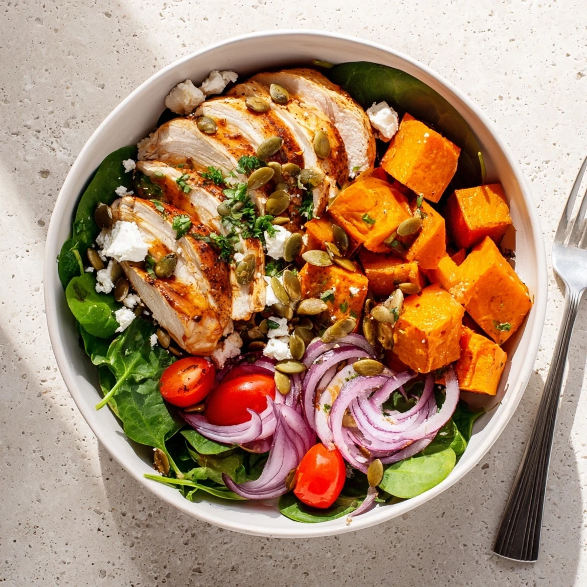 Colorful meal prep bowl featuring juicy maple Dijon chicken with tender roasted sweet potatoes and fresh baby spinach.