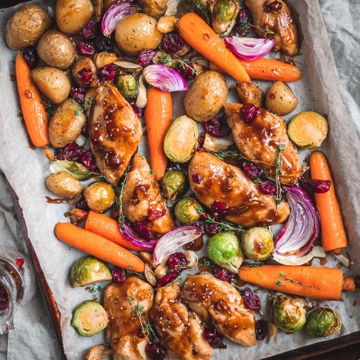 Golden glazed chicken with cranberry sauce roasted alongside Brussels sprouts and baby potatoes on a baking sheet