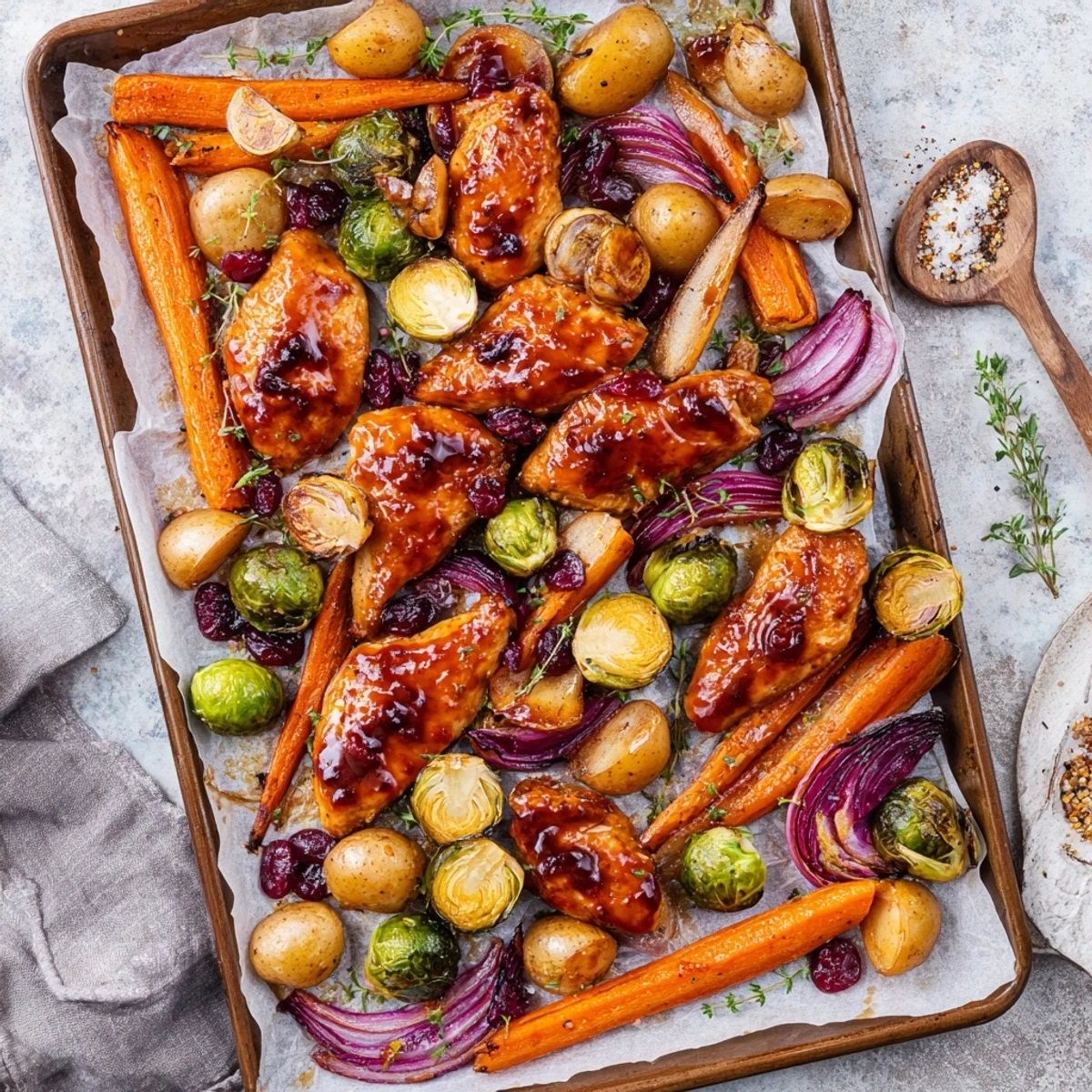 Honey cranberry chicken breasts sizzling with colorful vegetables including red onion and carrots in one pan