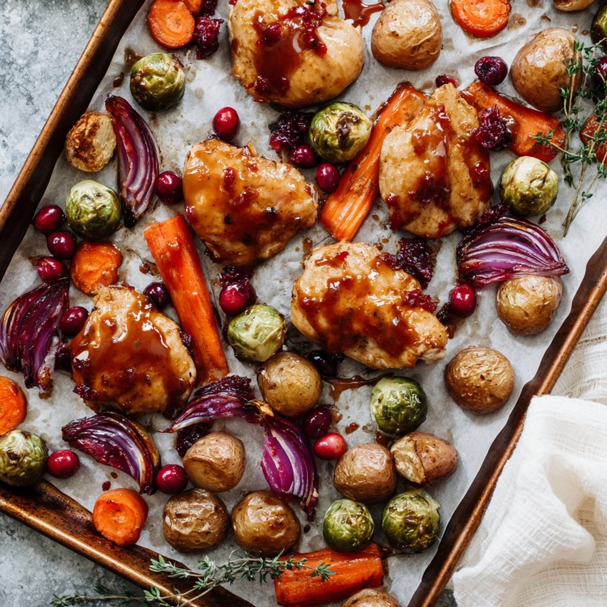 Crispy roasted veggies surrounding juicy chicken coated in tangy honey cranberry glaze on a single sheet pan