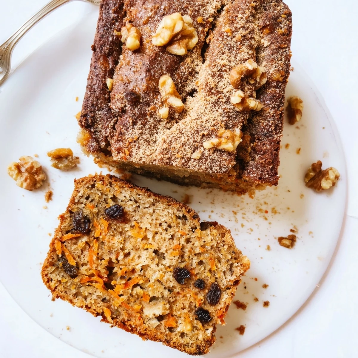 Slice of moist carrot cake banana bread revealing grated carrot flecks and cinnamon swirl texture