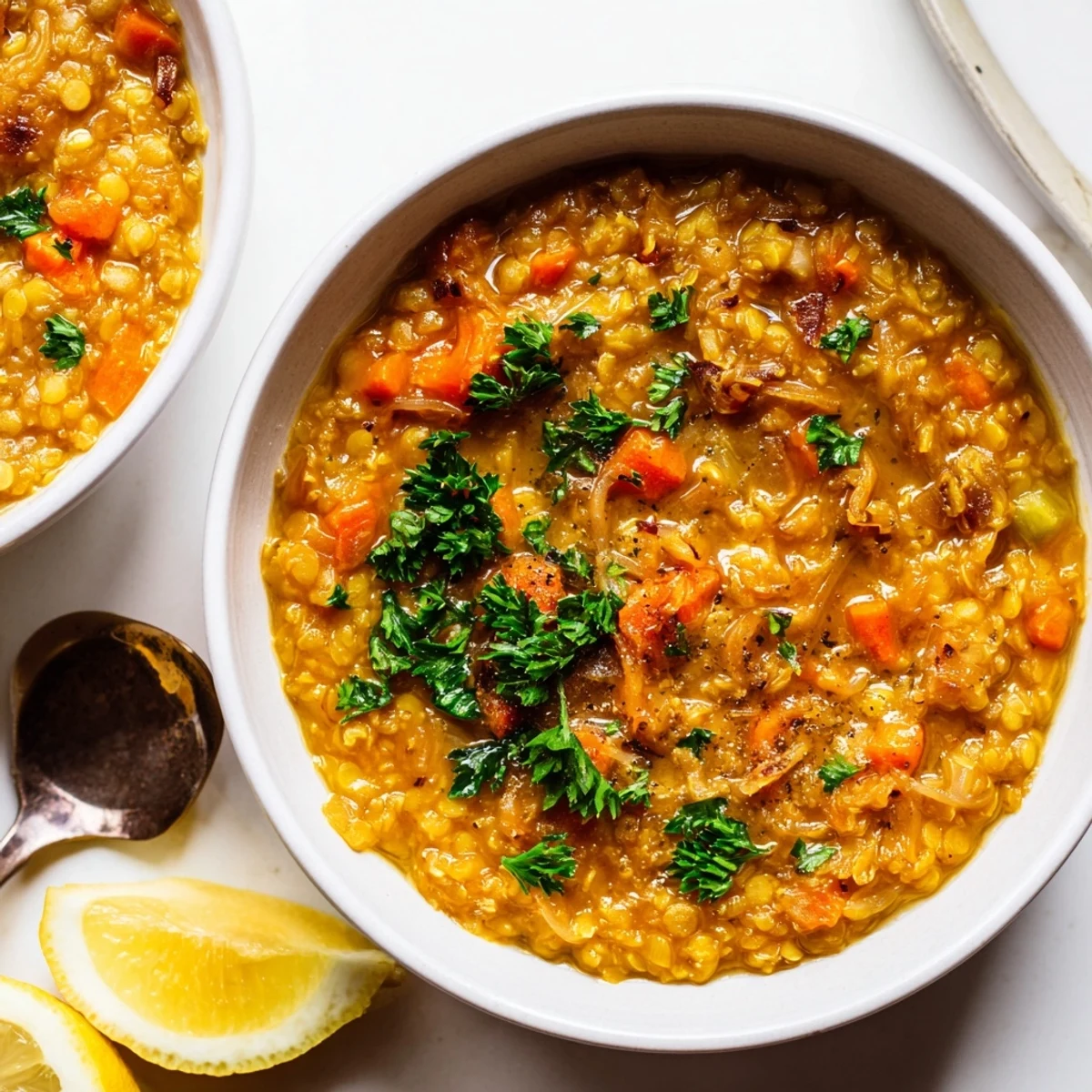 Golden brown caramelized onion red lentil soup served in white bowl with fresh parsley garnish