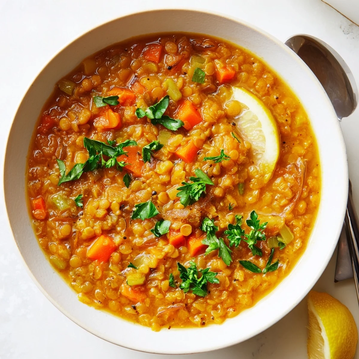 Velvety caramelized onion red lentil soup featuring tender vegetables and fragrant spices in rustic bowl
