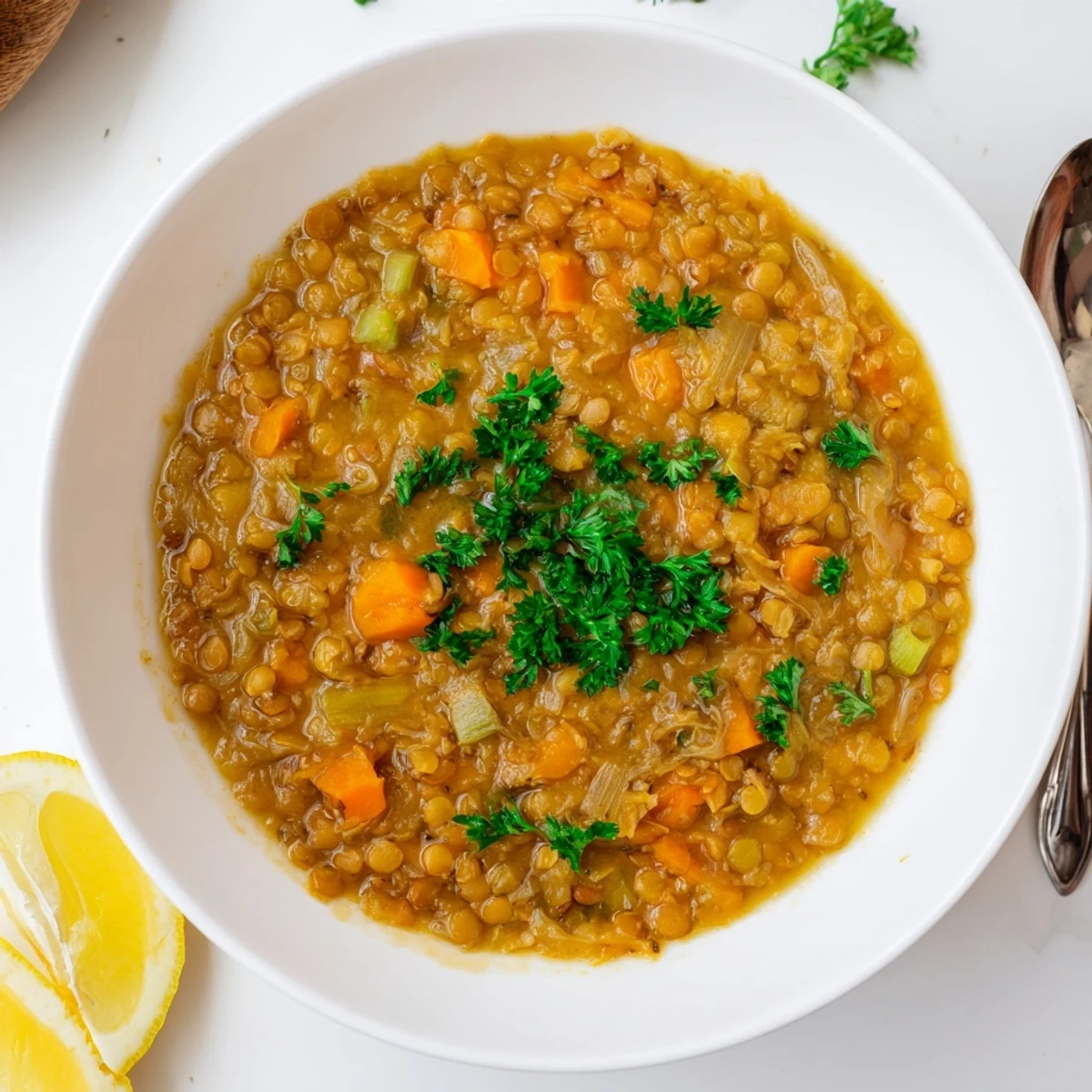 Steaming caramelized onion red lentil soup garnished with chopped parsley and lemon wedge on wooden table