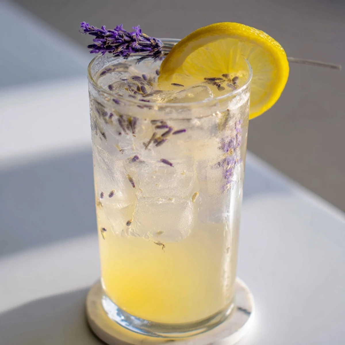 Refreshing lavender lemonade served in mason jars with floating ice and floral garnish on wooden table