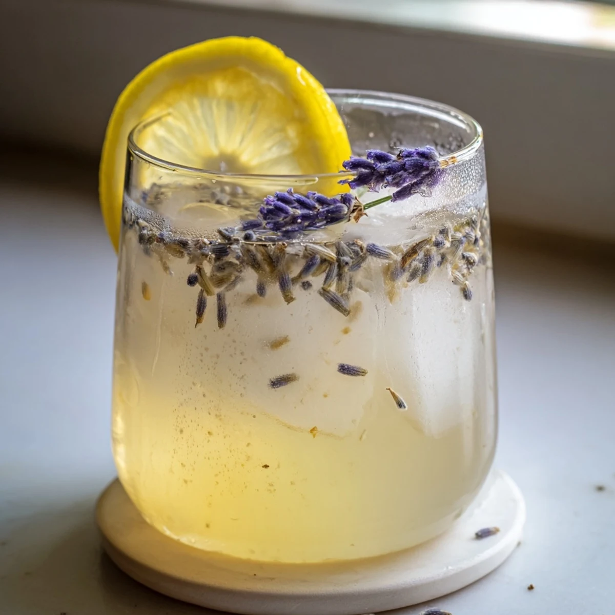 Glass pitcher of lavender lemonade garnished with fresh lemon slices and purple lavender sprigs on ice