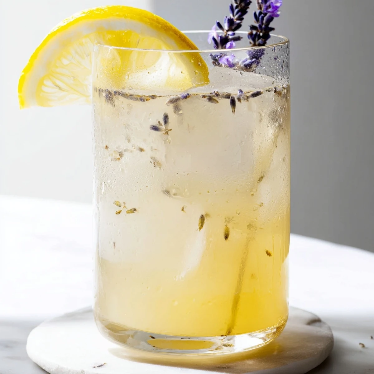 Golden homemade lavender lemonade poured over ice cubes with lemon wheel and dried lavender buds