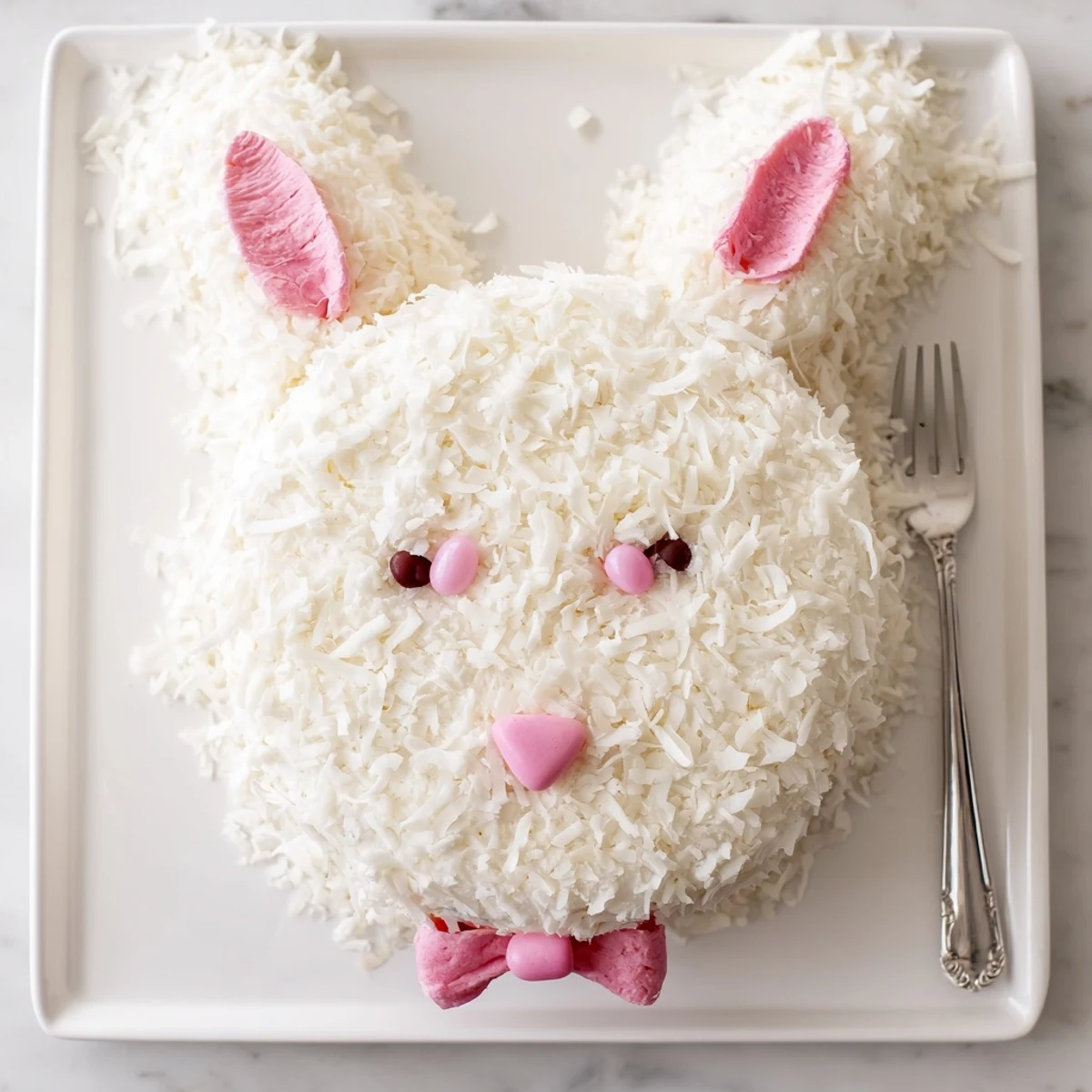 Adorable Easter bunny cake covered in fluffy white coconut with pink candy details