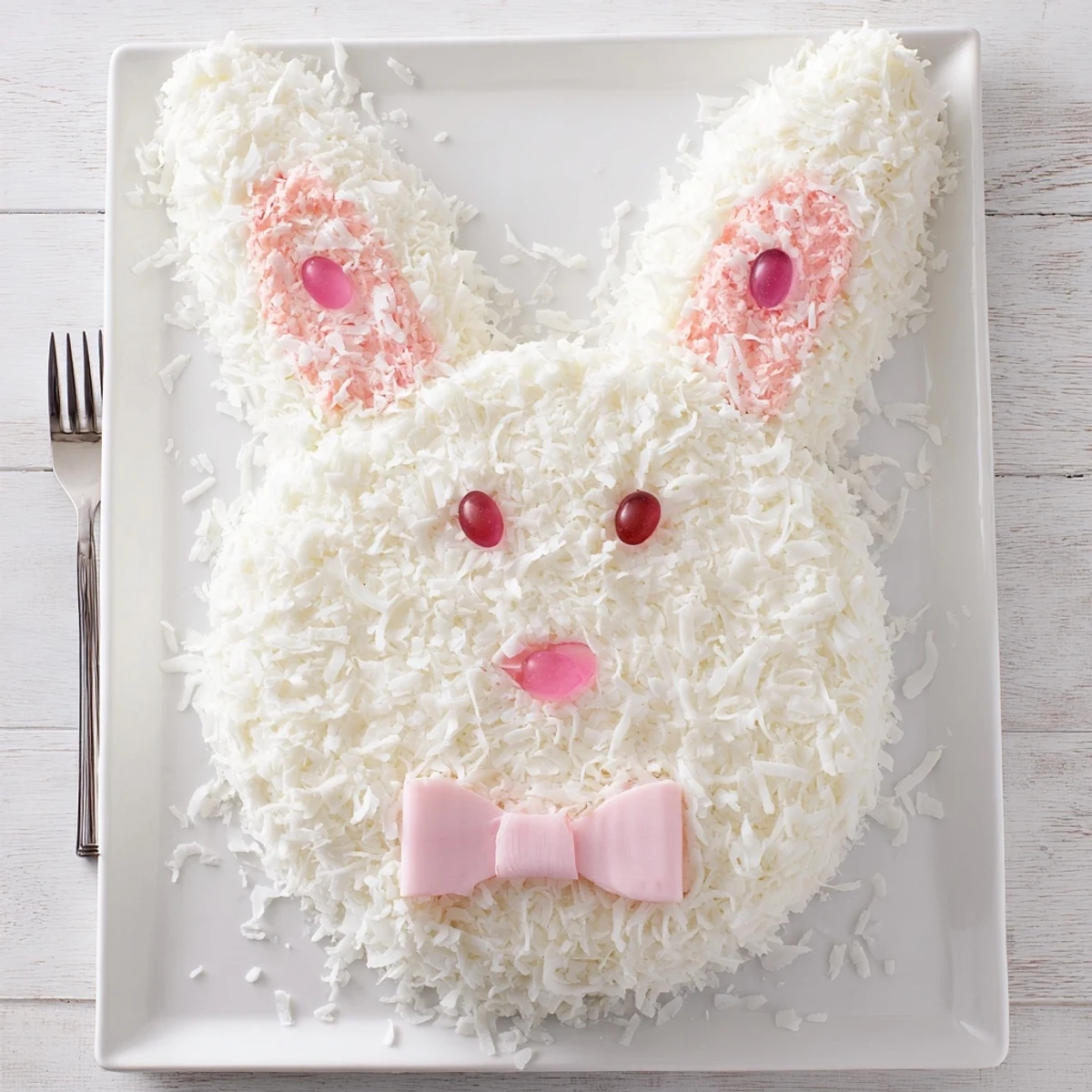 Whimsical vanilla bunny cake centerpiece decorated with buttercream and shredded coconut fur