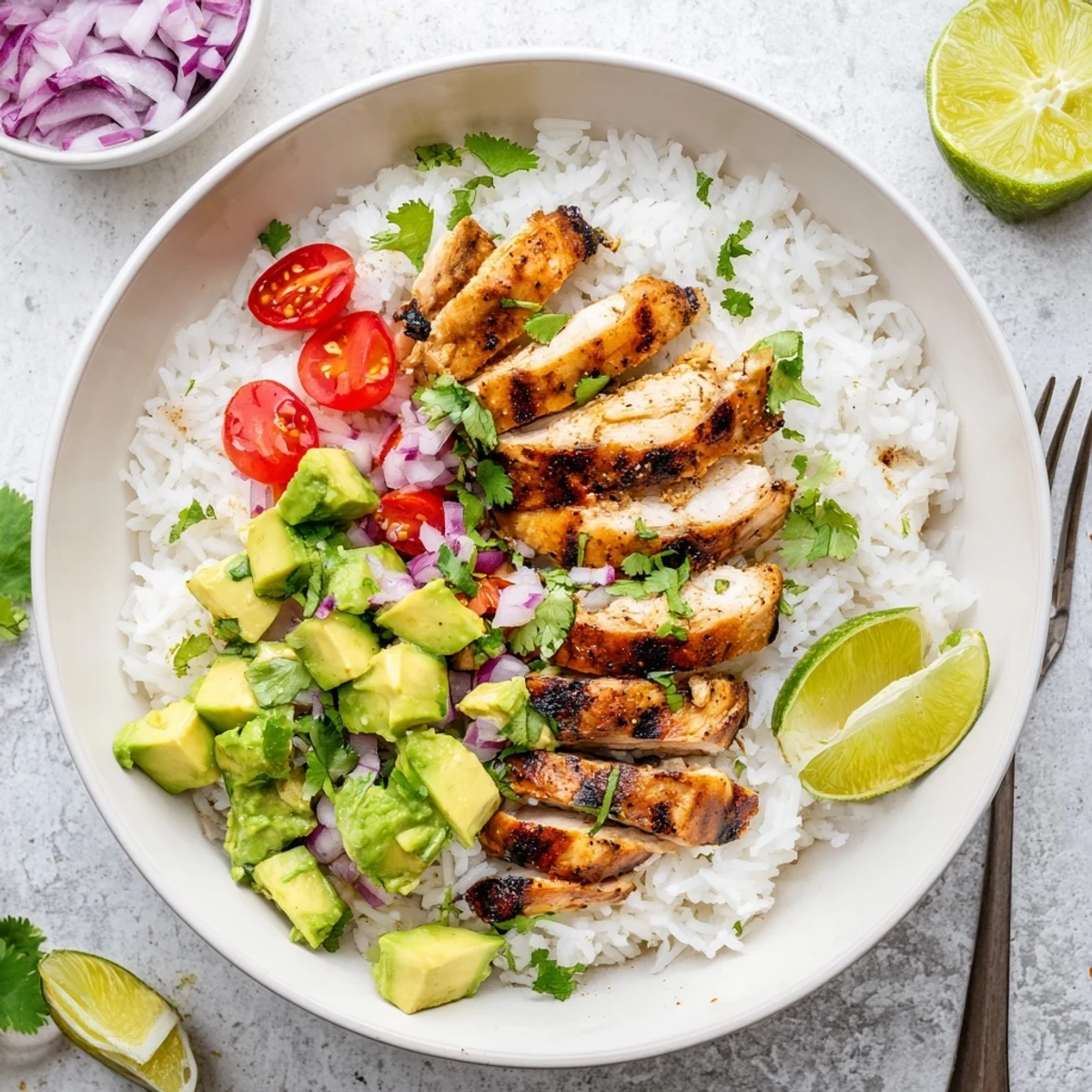 Layered honey lime chicken avocado rice stack topped with fresh cilantro and red onion