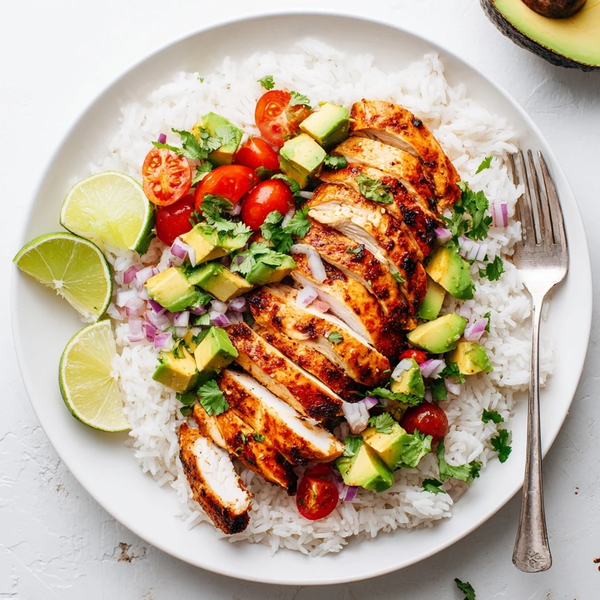 Vibrant honey lime chicken avocado rice stack bowl garnished with lime wedges and cherry tomatoes