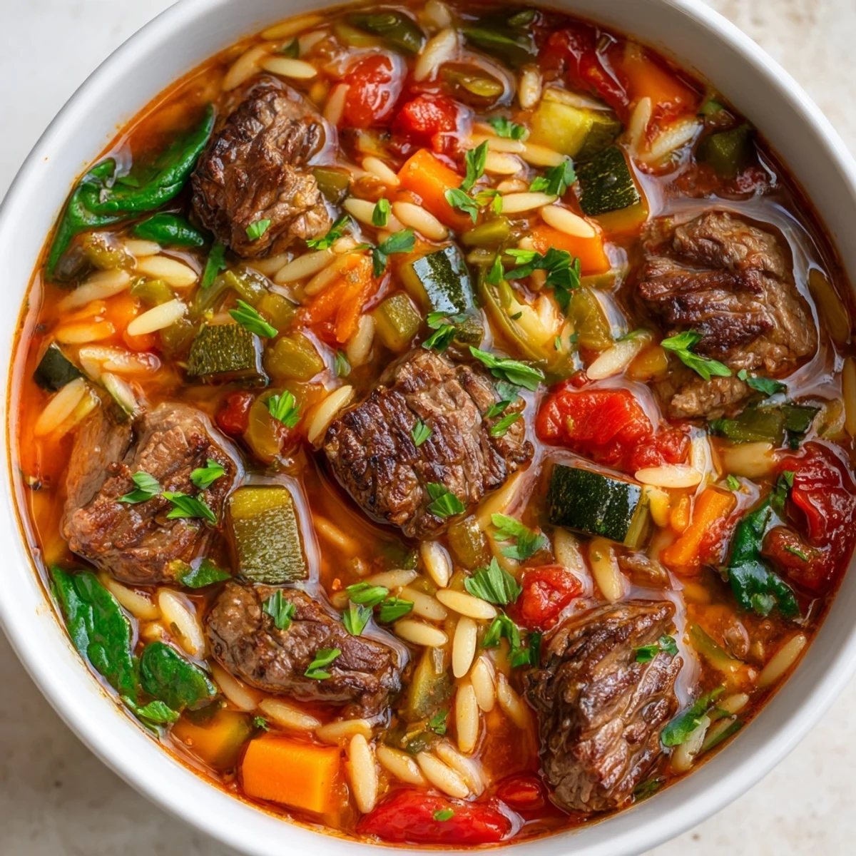 Hearty beef and orzo soup served steaming in a rustic bowl with fresh parsley garnish