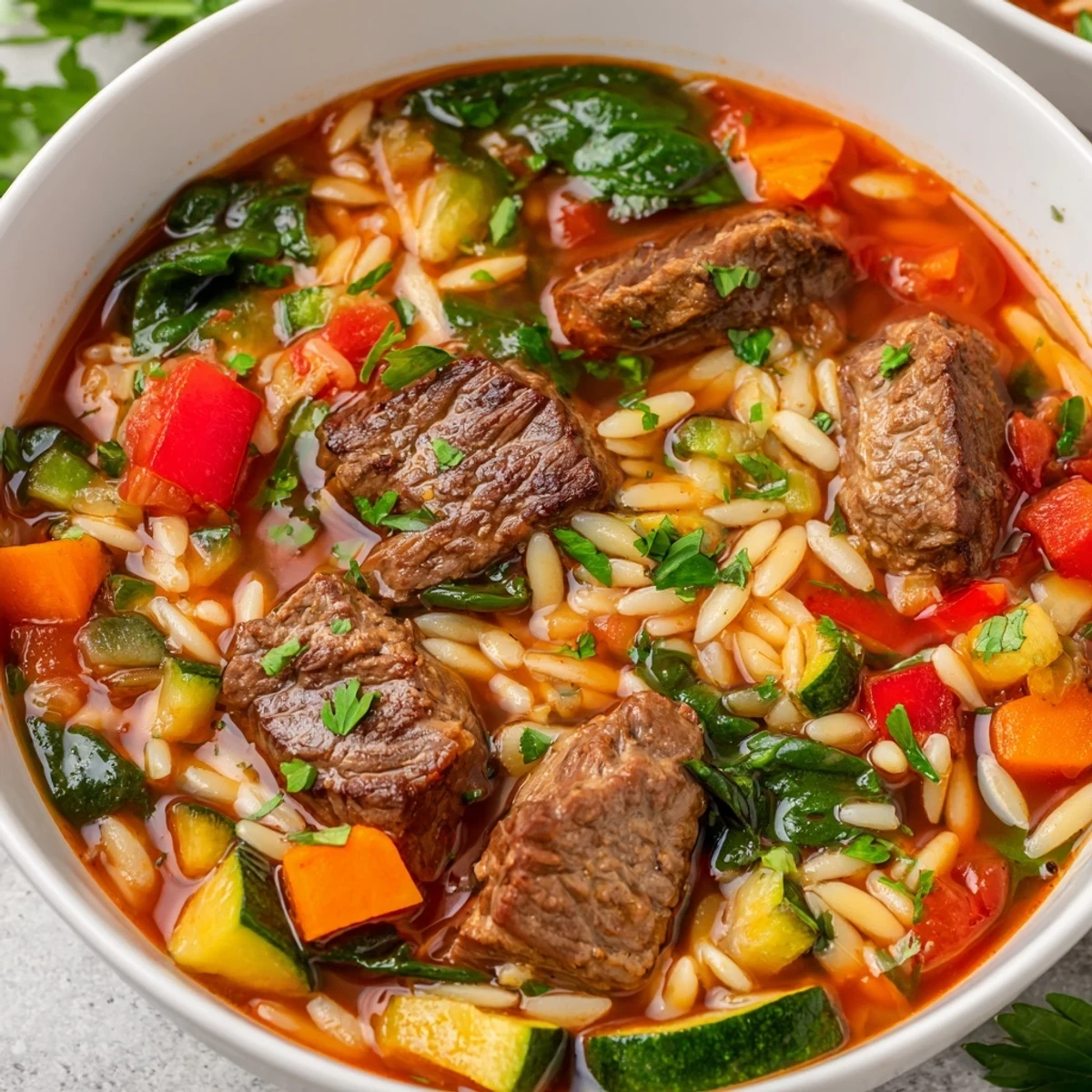A ladle scoops colorful vegetables and tender beef chunks from this hearty beef and orzo soup