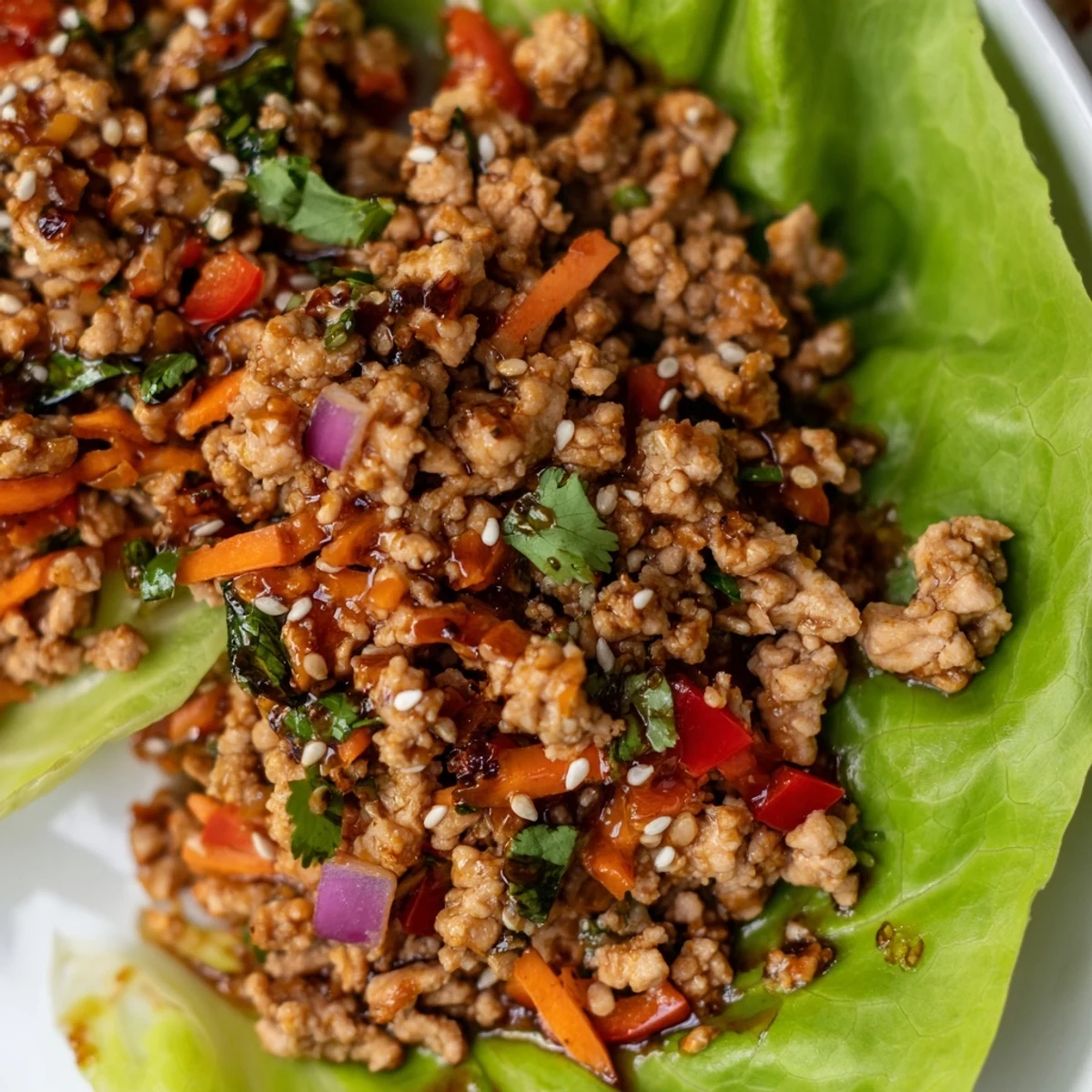 Seasoned ground turkey filling served in crisp romaine lettuce cups with fresh vegetables