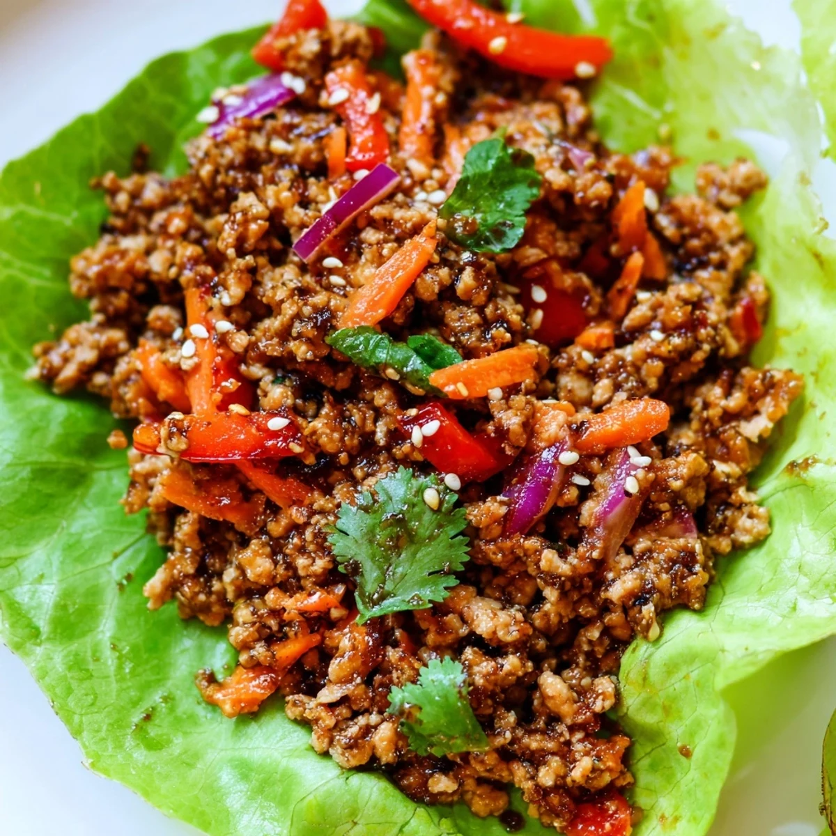 Healthy ground turkey lettuce wrap bowls topped with sesame seeds and cilantro