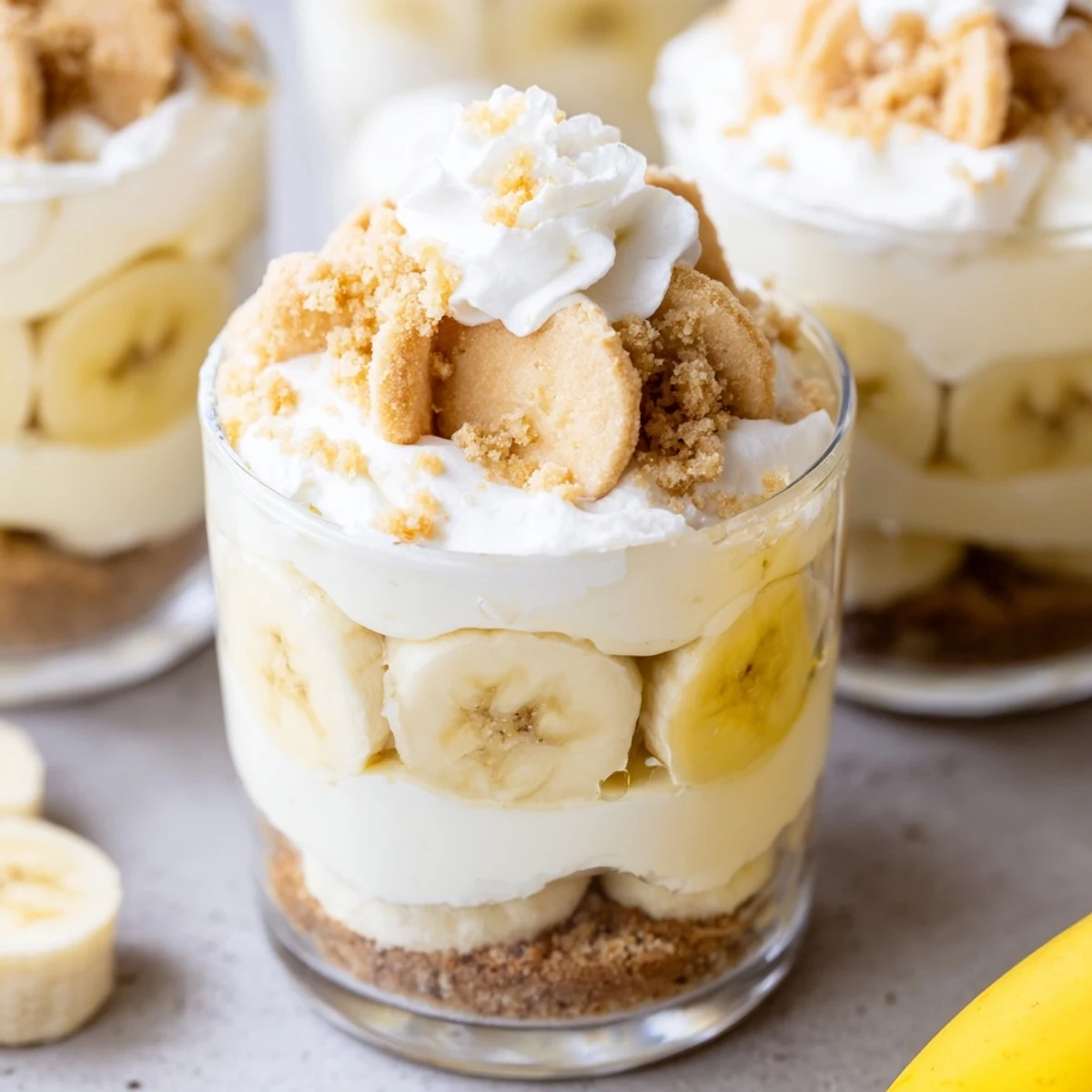 Individual no bake banana pudding cheesecake cups topped with golden cookie crumbs and whipped cream