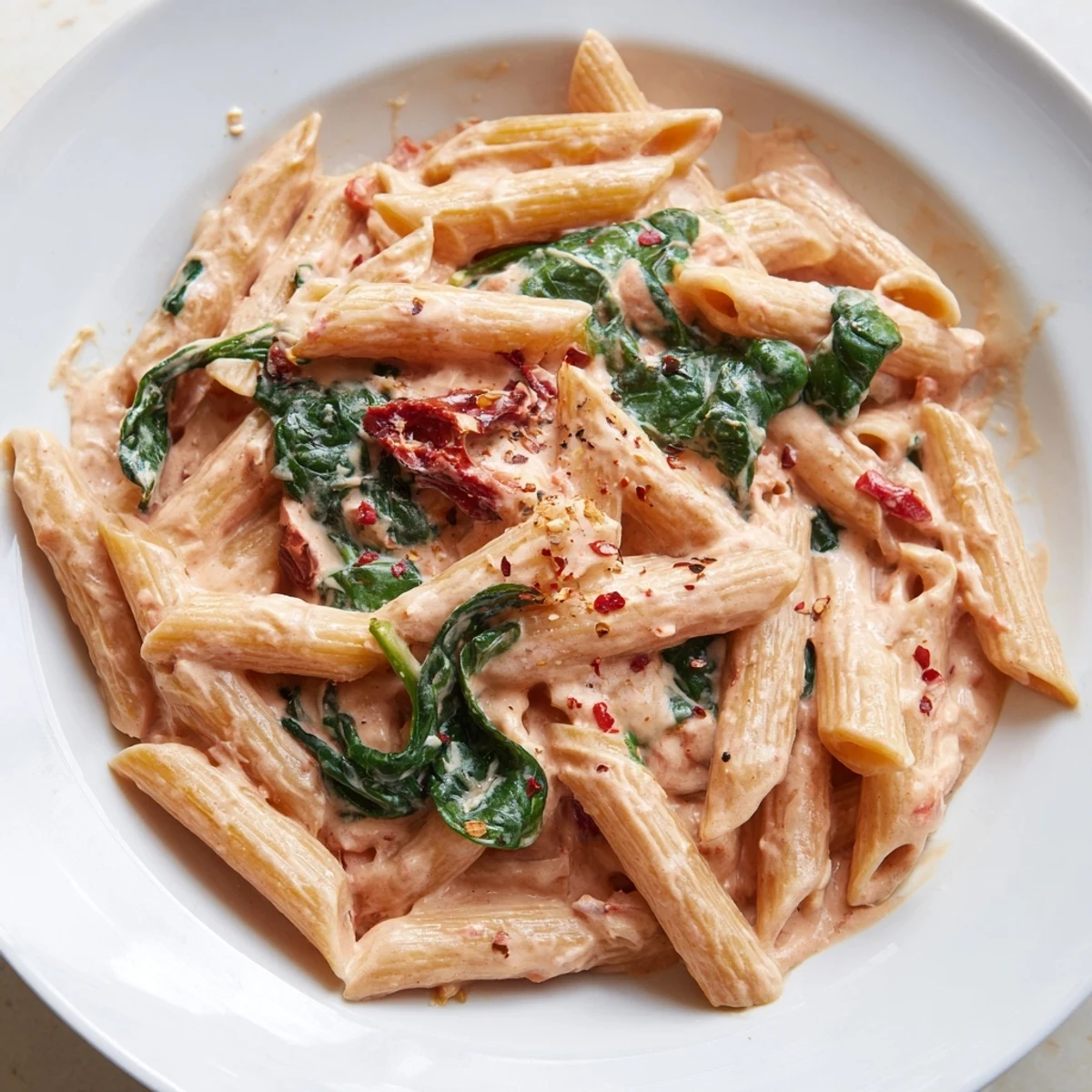 Creamy sun dried tomato spinach pasta in a rustic skillet with vibrant green leaves and rich velvety sauce