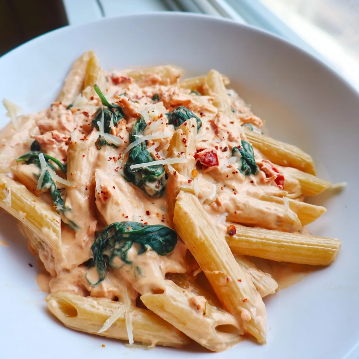 One pan creamy sun dried tomato spinach pasta topped with grated Parmesan in a bubbling golden sauce