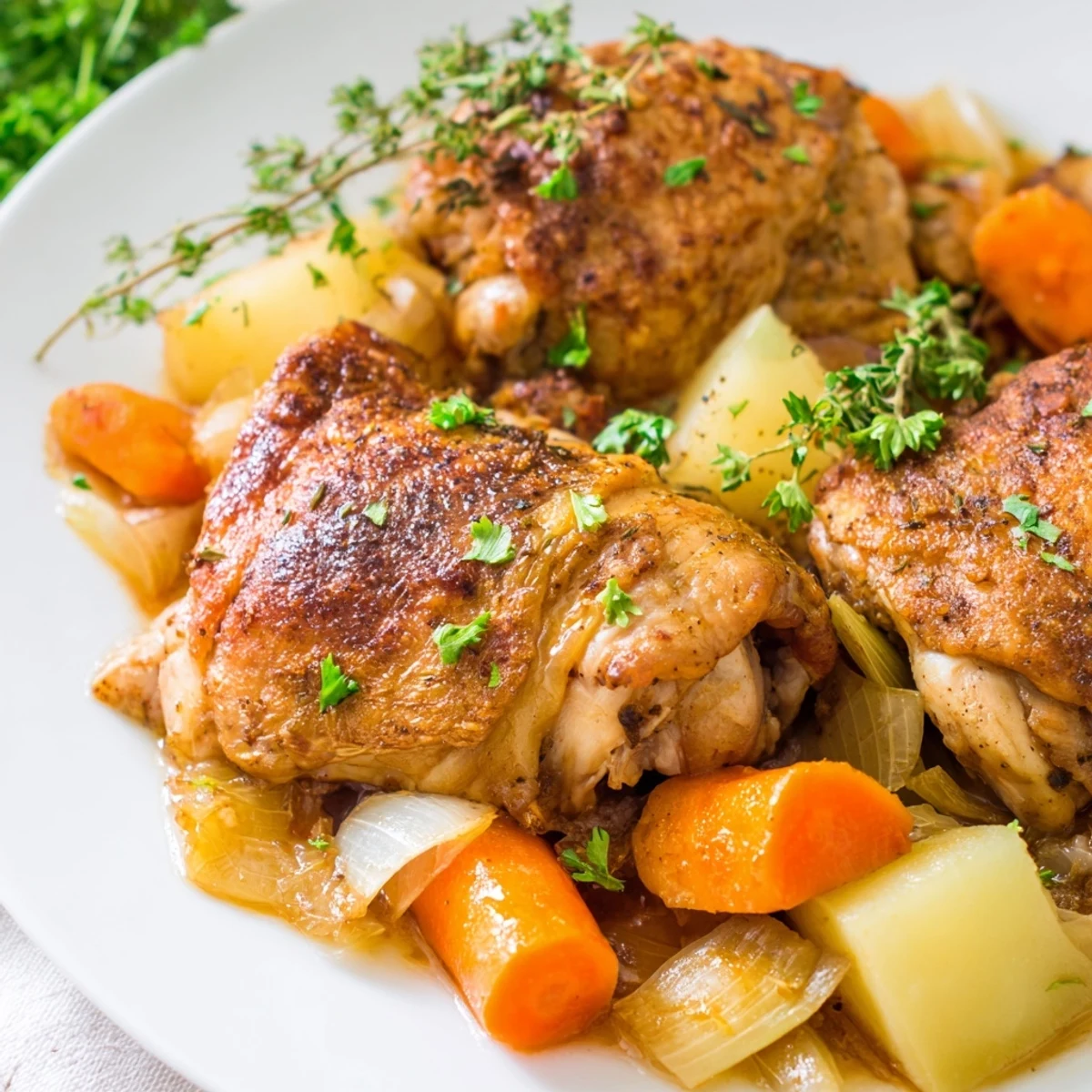 Slow cooker chicken dinner featuring fall-apart meat and root vegetables in rich sauce