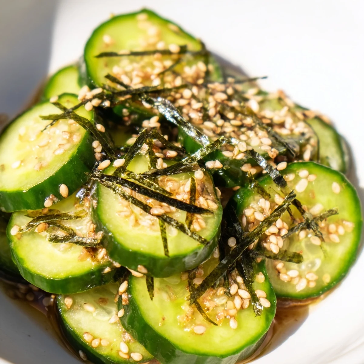 Crisp sushi cucumber salad glistening with tangy rice vinegar dressing and toasted sesame seeds