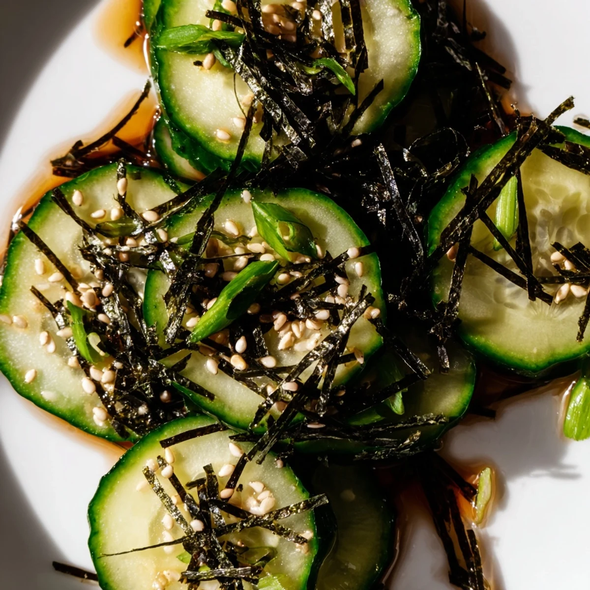 Thinly sliced cucumbers tossed in savory dressing topped with nori strips for this sushi cucumber salad