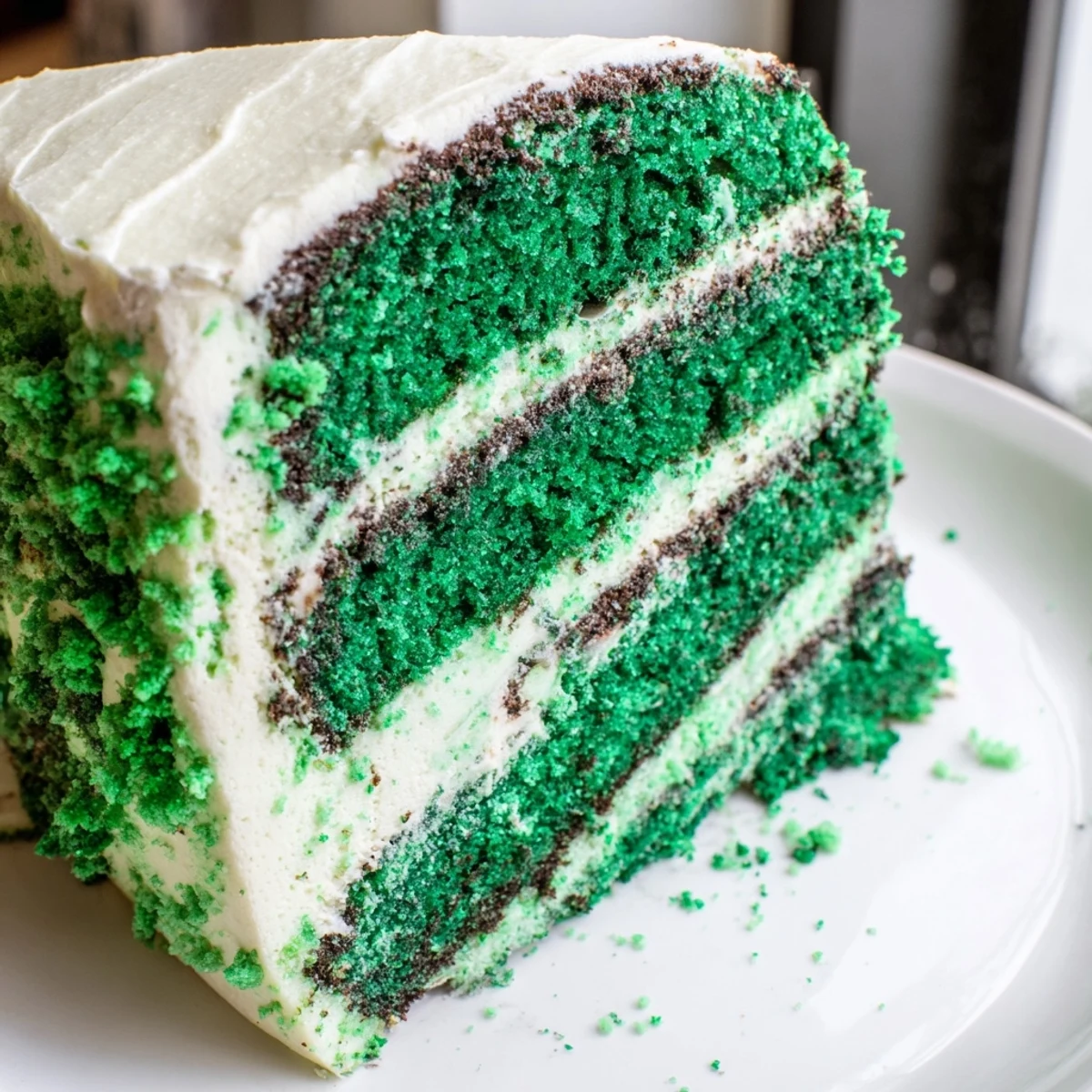 Green Velvet Cake with swirls of tangy cream cheese frosting on a decorative cake stand