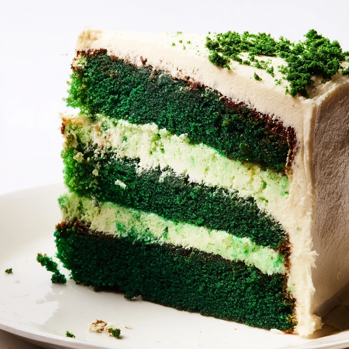Moist Green Velvet Cake slices revealing vibrant emerald crumbs topped with fluffy white frosting