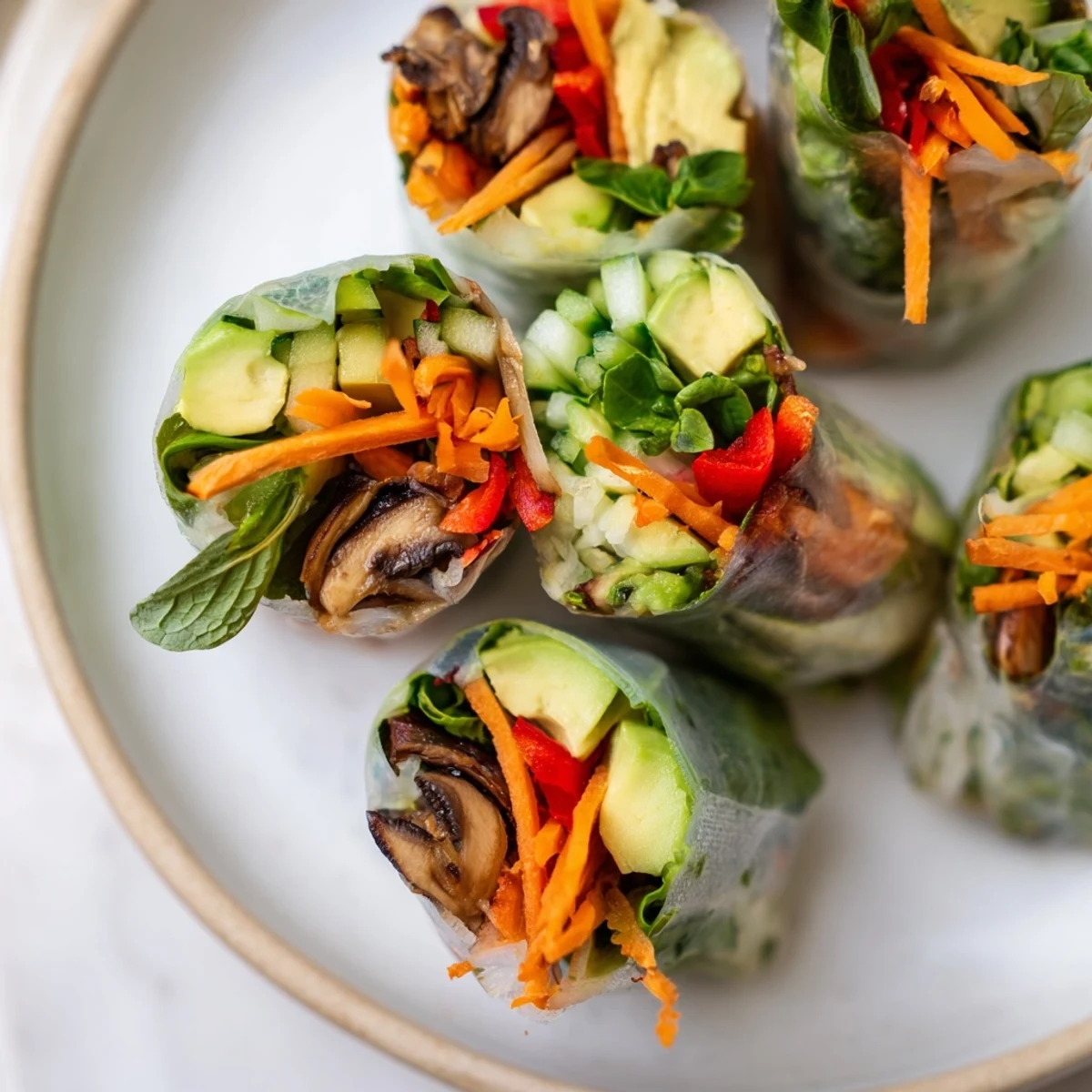 Avocado shiitake spring rolls with colorful vegetables wrapped in translucent rice paper and fresh herbs