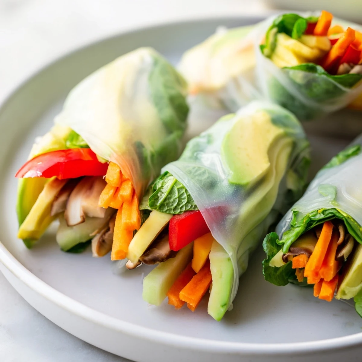 Golden sautéed shiitake mushrooms and creamy avocado peek through delicate rice paper spring rolls