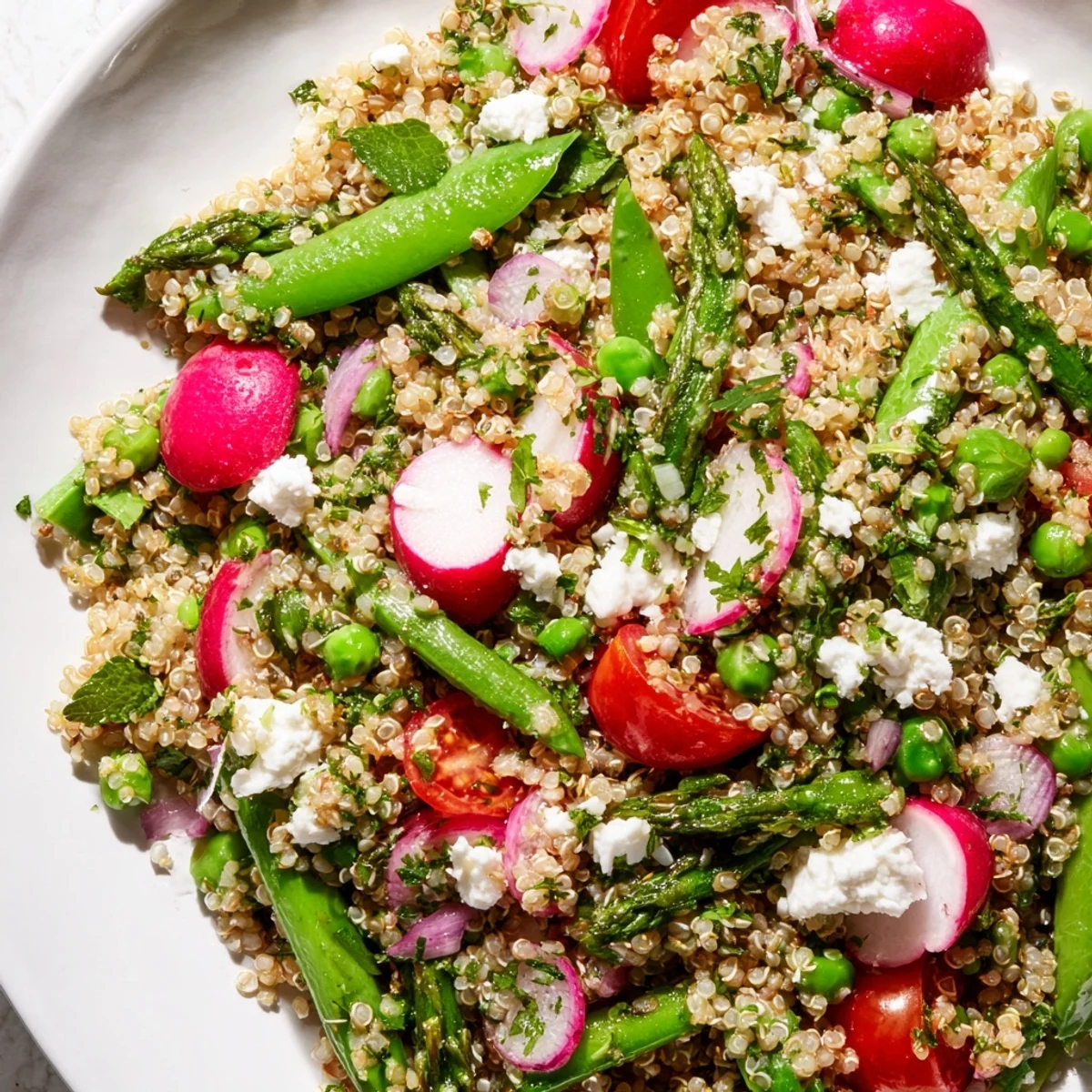 Spring vegetable quinoa salad in a white bowl topped with crumbled feta and fresh herbs