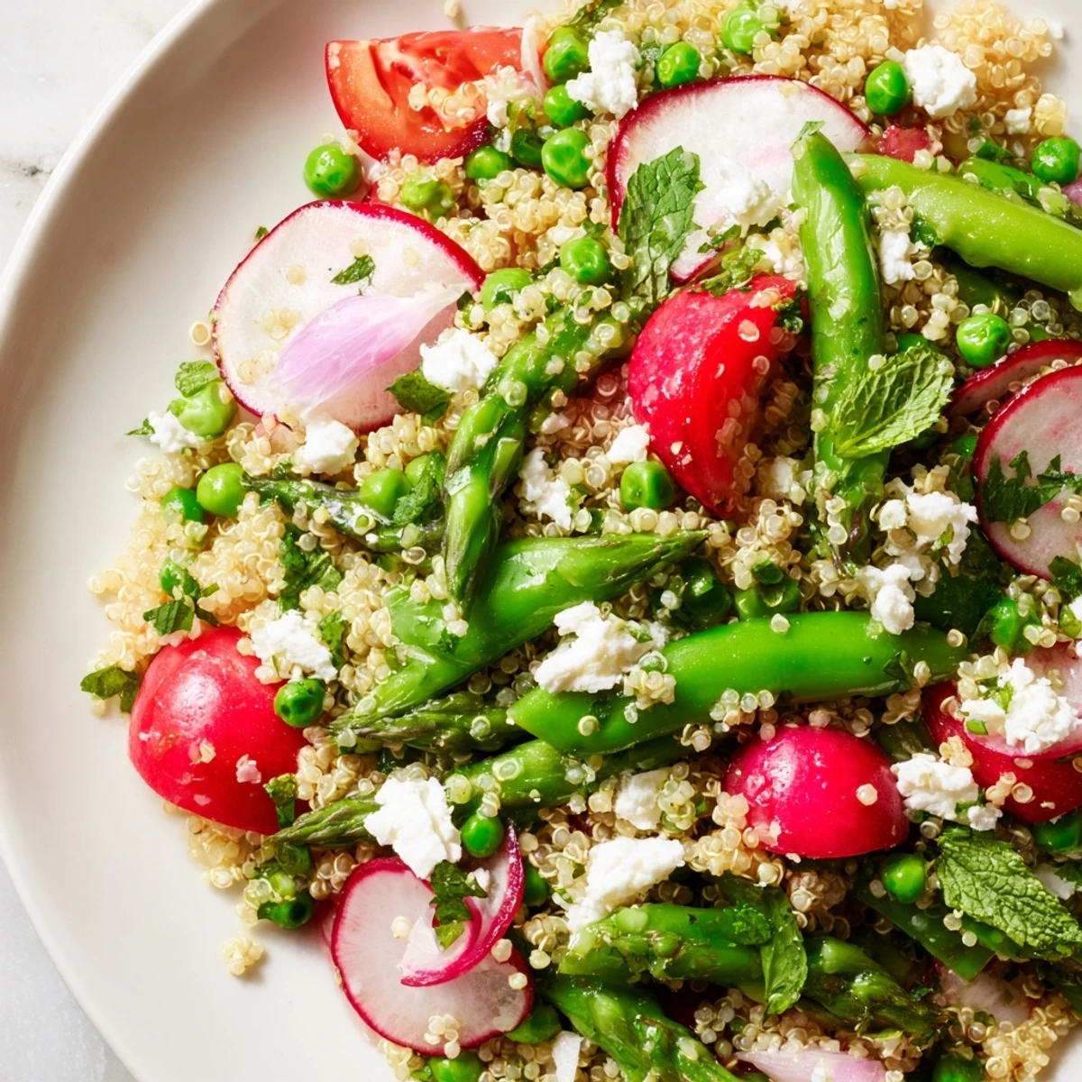 Colorful spring vegetable quinoa salad featuring crisp asparagus radishes and cherry tomatoes on a rustic platter
